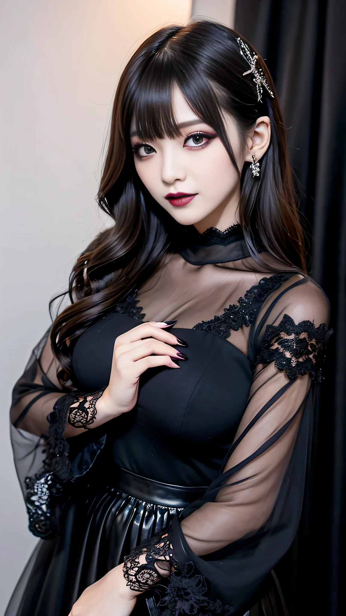 best quality、ultra-detailed、8k、Japanese、Japanese、Seductive beauty、seductive adult woman、Pretty Woman、cool girl、Villainess、brainwash makeup、Brainwashed、brainwash、Fallen into evil、smirk、Evil look、Wicked Smile、evil、Brown hair、wavy hair、swept bangs、dark makeup、dark makeup、piercing eyes、hollow eyes,half-closed eyes、Hollow Eyes、purple Eyeshadow、black lipstick、black lipglos、Lace fabric、black party dress、Wide sleeves、flare skirt、night、inside darkroom、Are standing、Look、Offer、shoot from below、Make up、Hold a small makeup brush、Swear allegiance、I have pledged my allegiance、Seduce、Evil female executive、Female Combatant