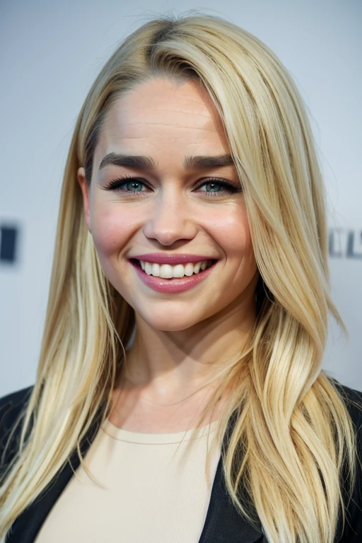 Emilia Clarke with dyed blonde hair, dressed in casual and fun clothes and a sexy smile.