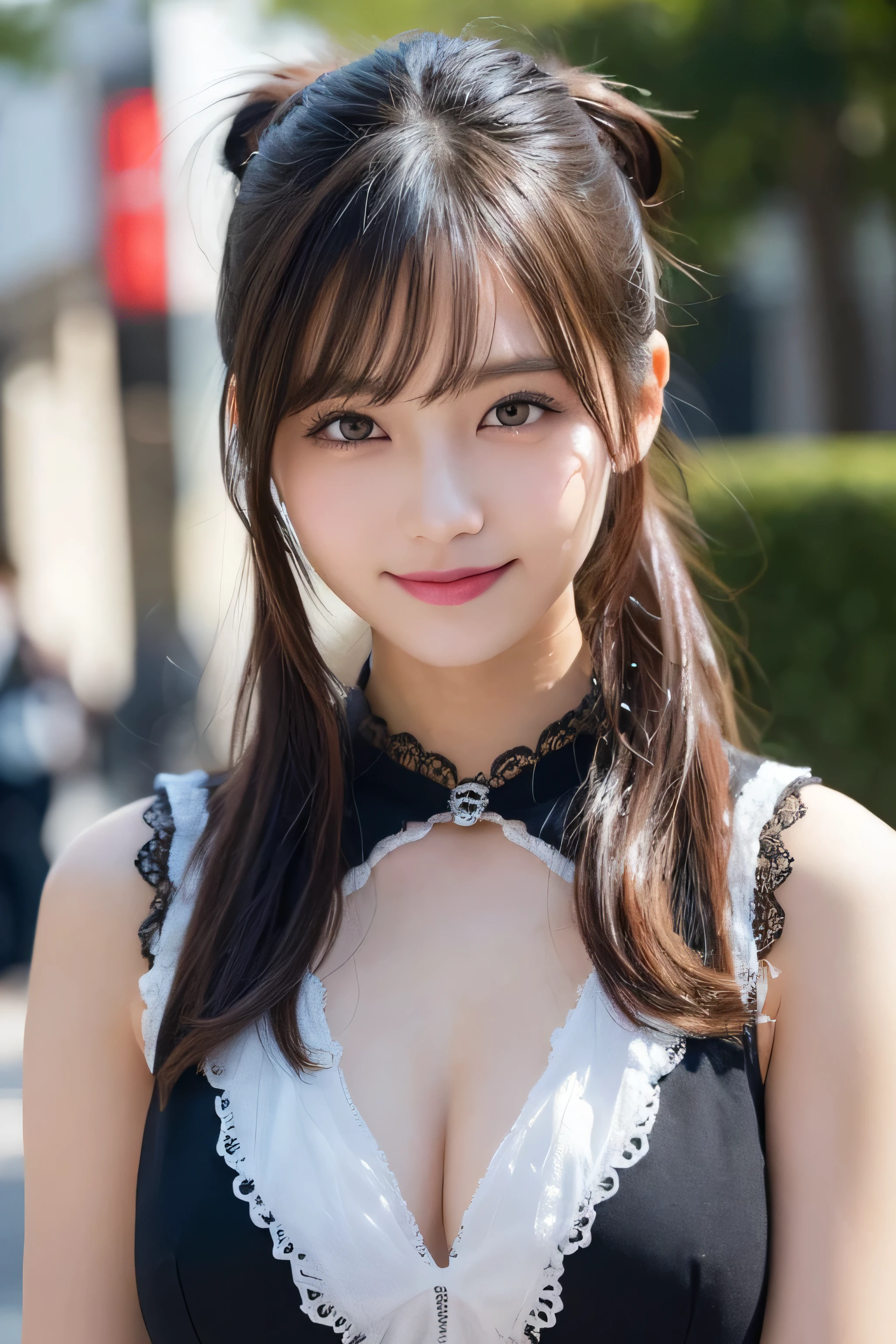 masutepiece, Best Quality, Illustration, Ultra-detailed, finely detail, hight resolution, 8K Wallpaper, Perfect dynamic composition, Beautiful detailed eyes, Women's Fashion Summer,Ponytail Hair,mid-chest, Natural Color Lip, Bold sexy poses,Smile,Harajuku、20 years girl、Cute、Sexy shot looking at camera, middle Breasts,