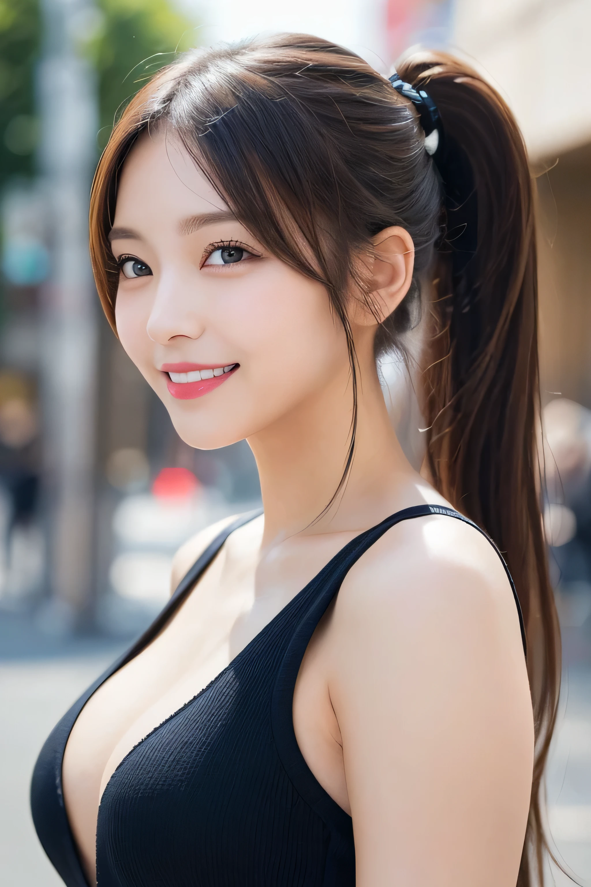 masutepiece, Best Quality, Illustration, Ultra-detailed, finely detail, hight resolution, 8K Wallpaper, Perfect dynamic composition, Beautiful detailed eyes, Women's Fashion Summer,Ponytail Hair,mid-chest, Natural Color Lip, Bold sexy poses,Smile,Harajuku、20 years girl、Cute、Sexy shot looking at camera, middle Breasts,