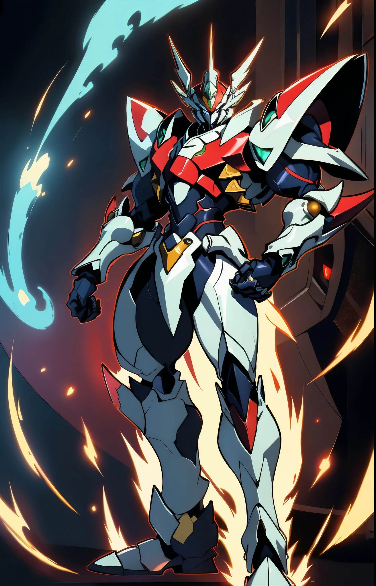 Humanoid Mecha, fully enclosed shoulder guards, matching arm and leg guards, full body, full armor, super robot, the design balances heavy with agility, (the color scheme is primarily white with red and blue accents, the concept Inspired by super robot, organic biotech chest armor, pose, standing, floating high above the futuristic sci-fi city), exquisite and mature art style, (aura effect, energy, glowing eyes, the armor glows), ((SRS)), metallic, dynamic angle, dynamic composition, dramatic, high definition, best quality, highres, ultra-detailed, ultra-fine painting, extremely delicate, professional, perfect body proportions, anatomically correct, symmetrical face, extremely detailed eyes and face, high quality eyes, creativity, RAW photo, UHD, 32k, Natural light, cinematic lighting, masterpiece-anatomy-perfect, masterpiece:1.5