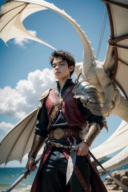 Menino de 16 anos.com uma espada.facing a white dragon