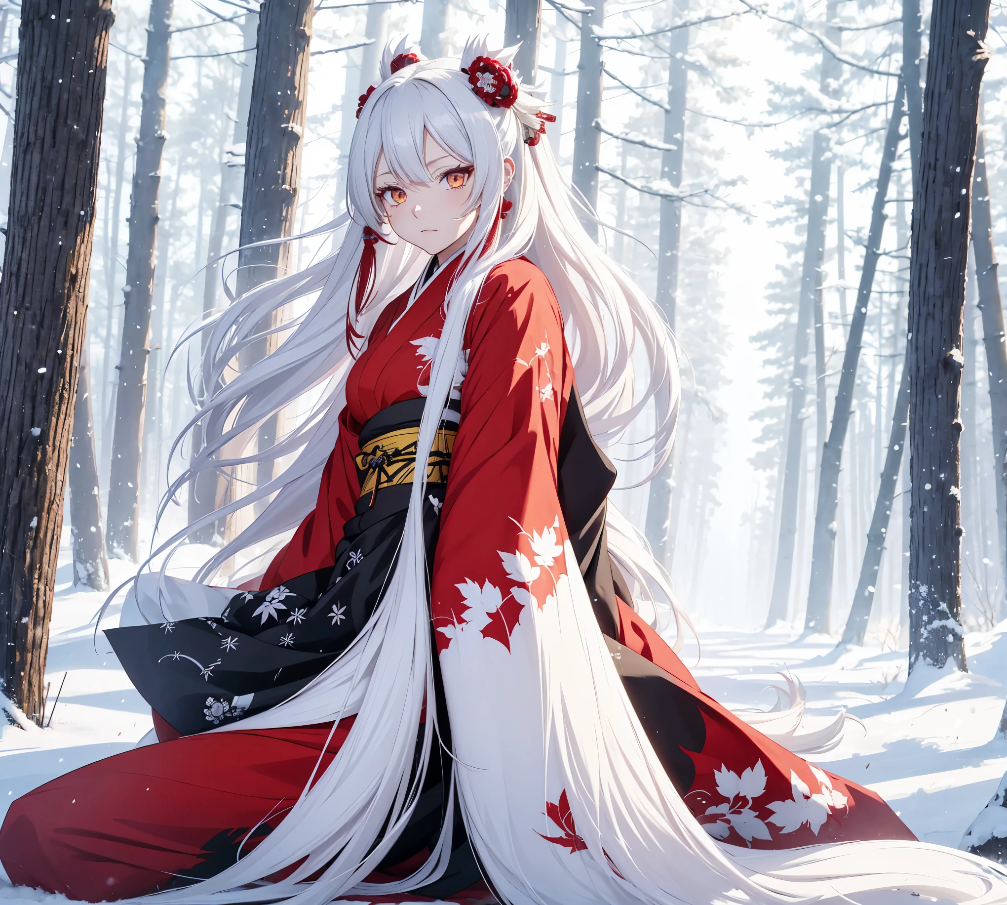 Kimetsu no yaiba anime style female character, long white hair, with red locks of hair, yellow eyes, wearing a kimono with an atana, in a snowy forest, soft expression, in fighting position. Blood power.