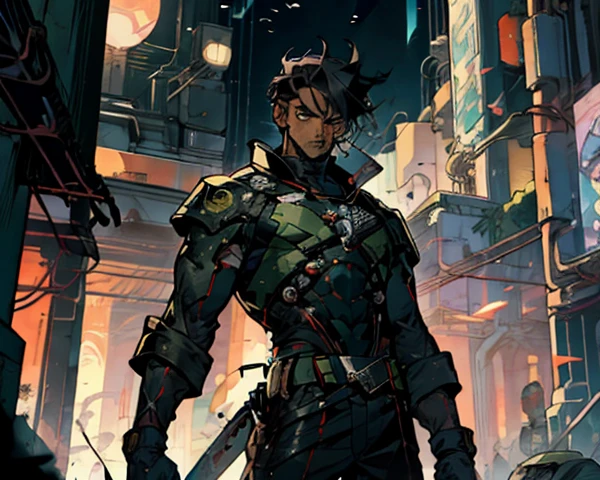 1 homem, cabelo preto curto, olhos gelados e resolutos, rosto refinado, without expression, wears a futuristic two-piece military-style outfit, alto e esguio, uma capa curta, principalmente em tons de verde, acentuados por toques de vermelho, wear dark pants, holds a futuristic style metal bat in his hands, set in the futuristic science fiction atmosphere, numa nave espacial, This character embodies a futuristic anime-style sci-fi military officer, Characterized by an exquisite and mature manga illustration art style, High definition, melhor qualidade, high resolution, ultra-detalhado, pintura ultrafina, extremamente delicado, profissional , anatomicamente correto, Symmetrical face, olhos e rosto extremamente detalhados, olhos de alta qualidade, criatividade, foto RAW, UHD, 8k, luz natural, cinematic lighting, obra-prima: 1,5