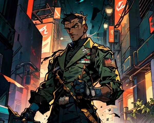 1 homem, cabelo preto curto, olhos gelados e resolutos, rosto refinado, without expression, wears a futuristic two-piece military-style outfit, alto e esguio, uma capa curta, principalmente em tons de verde, acentuados por toques de vermelho, wear dark pants, holds a futuristic style metal bat in his hands, set in the futuristic science fiction atmosphere, numa nave espacial, This character embodies a futuristic anime-style sci-fi military officer, Characterized by an exquisite and mature manga illustration art style, High definition, melhor qualidade, high resolution, ultra-detalhado, pintura ultrafina, extremamente delicado, profissional  , anatomicamente correto, Symmetrical face, olhos e rosto extremamente detalhados, olhos de alta qualidade, criatividade, foto RAW, UHD, 8k, luz natural, cinematic lighting, obra-prima: 1,5