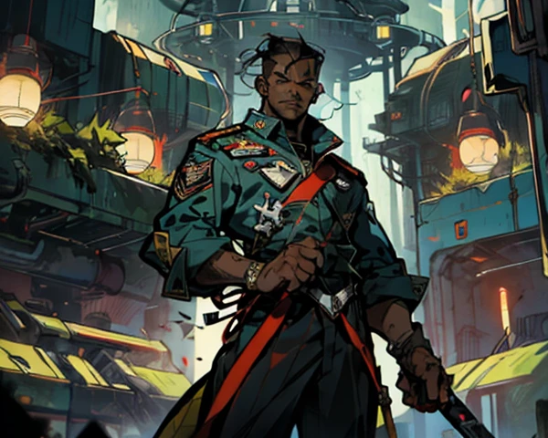 1 homem, cabelo preto curto, olhos gelados e resolutos, rosto refinado, without expression, wears a futuristic two-piece military-style outfit, alto e esguio, uma capa curta, principalmente em tons de verde, acentuados por toques de vermelho, wear dark pants, holds a futuristic style metal bat in his hands, set in the futuristic science fiction atmosphere, numa nave espacial, This character embodies a futuristic anime-style sci-fi military officer, Characterized by an exquisite and mature manga illustration art style, High definition, melhor qualidade, high resolution, ultra-detalhado, pintura ultrafina, extremamente delicado, profissional , anatomicamente correto, Symmetrical face, olhos e rosto extremamente detalhados, olhos de alta qualidade, criatividade, foto RAW, UHD, 8k, luz natural, cinematic lighting, obra-prima: 1,5