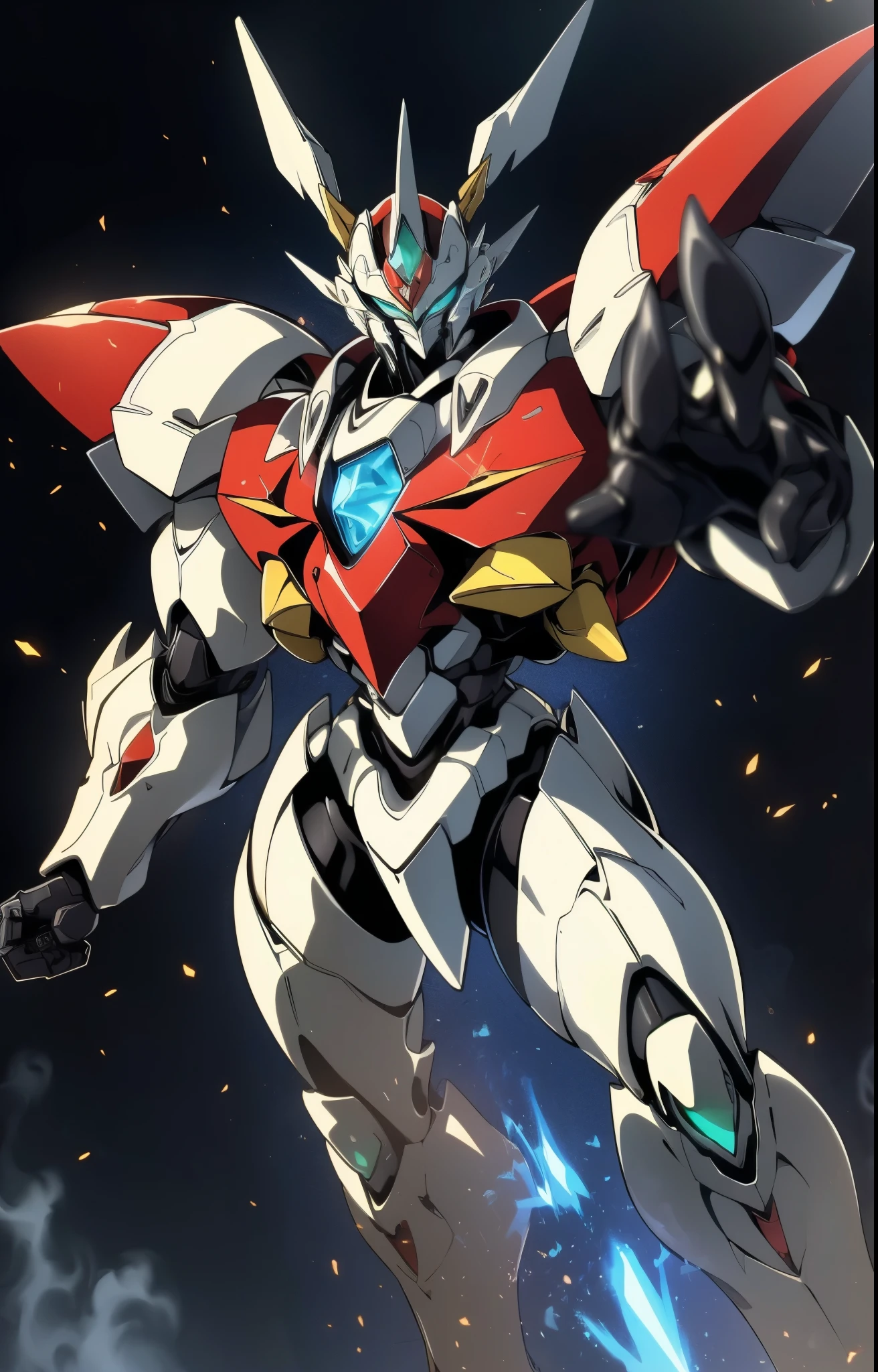 Humanoid Mecha, fully enclosed shoulder guards, matching arm and leg guards, full body, full armor, super robot, the design balances heavy with agility, (the color scheme is primarily white with red and blue accents, the concept Inspired by super robot, organic biotech chest armor, pose, standing, floating high above the futuristic sci-fi city), exquisite and mature art style, (aura effect, energy, glowing eyes, the armor glows), ((SRS)), metallic, dynamic angle, dynamic composition, dramatic, high definition, best quality, highres, ultra-detailed, ultra-fine painting, extremely delicate, professional, perfect body proportions, anatomically correct, symmetrical face, extremely detailed eyes and face, high quality eyes, creativity, RAW photo, UHD, 32k, Natural light, cinematic lighting, masterpiece-anatomy-perfect, masterpiece:1.5