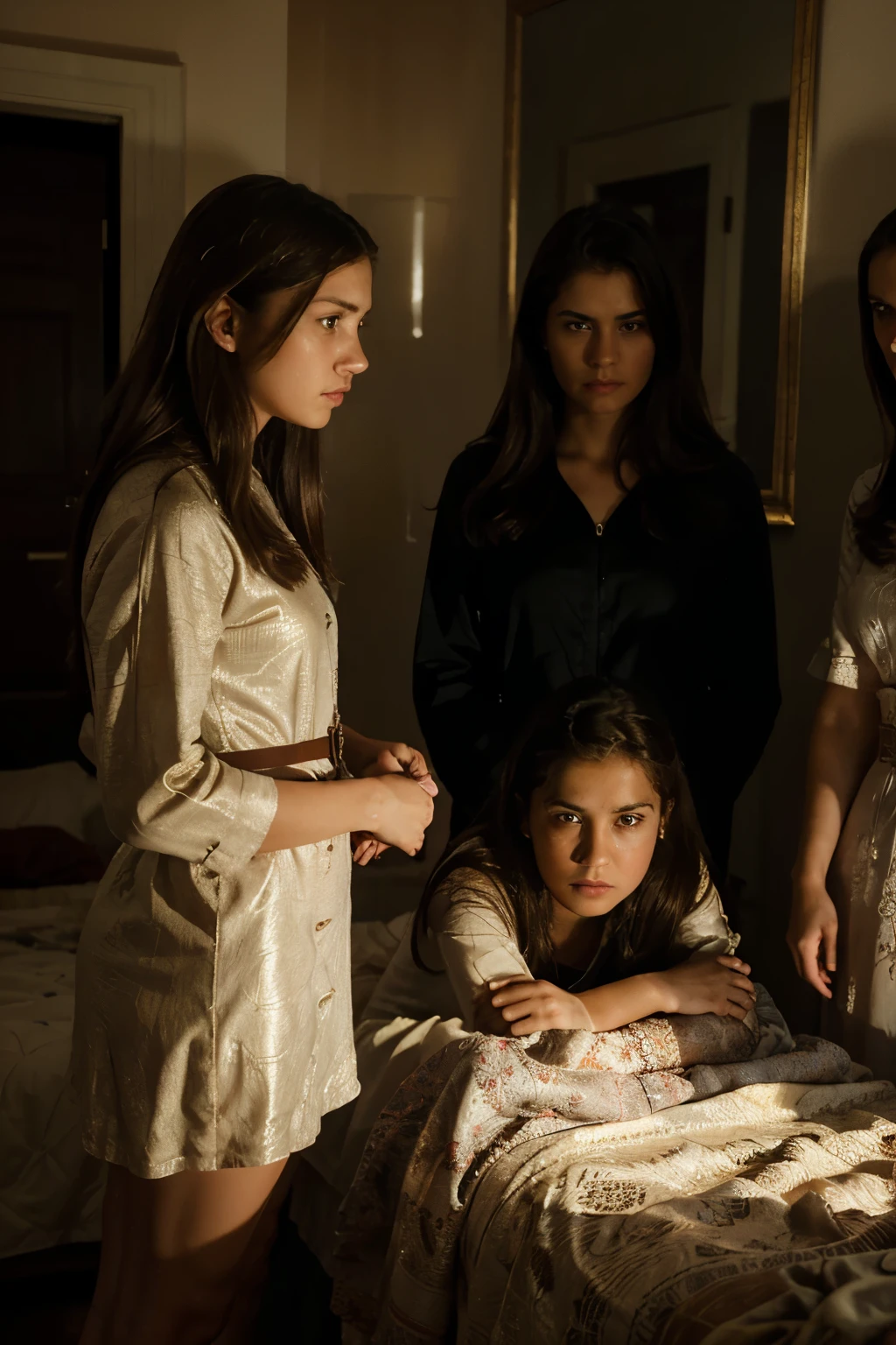 a teenage girl sitting on a bed, looking worried, her parents standing nearby with shocked expressions, her older sister standing beside her with a concerned look, detailed facial features, elegant dress, warm lighting, cinematic lighting, photorealistic, award winning painting, intricate details, oil painting, dramatic colors, emotional scene, masterpiece