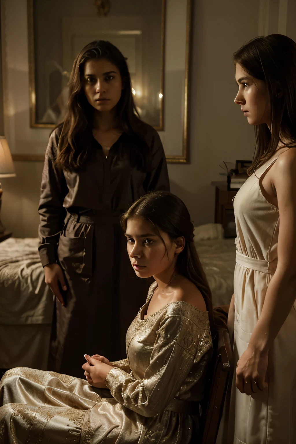 a teenage girl sitting on a bed, looking worried, her parents standing nearby with shocked expressions, her older sister standing beside her with a concerned look, detailed facial features, elegant dress, warm lighting, cinematic lighting, photorealistic, award winning painting, intricate details, oil painting, dramatic colors, emotional scene, masterpiece