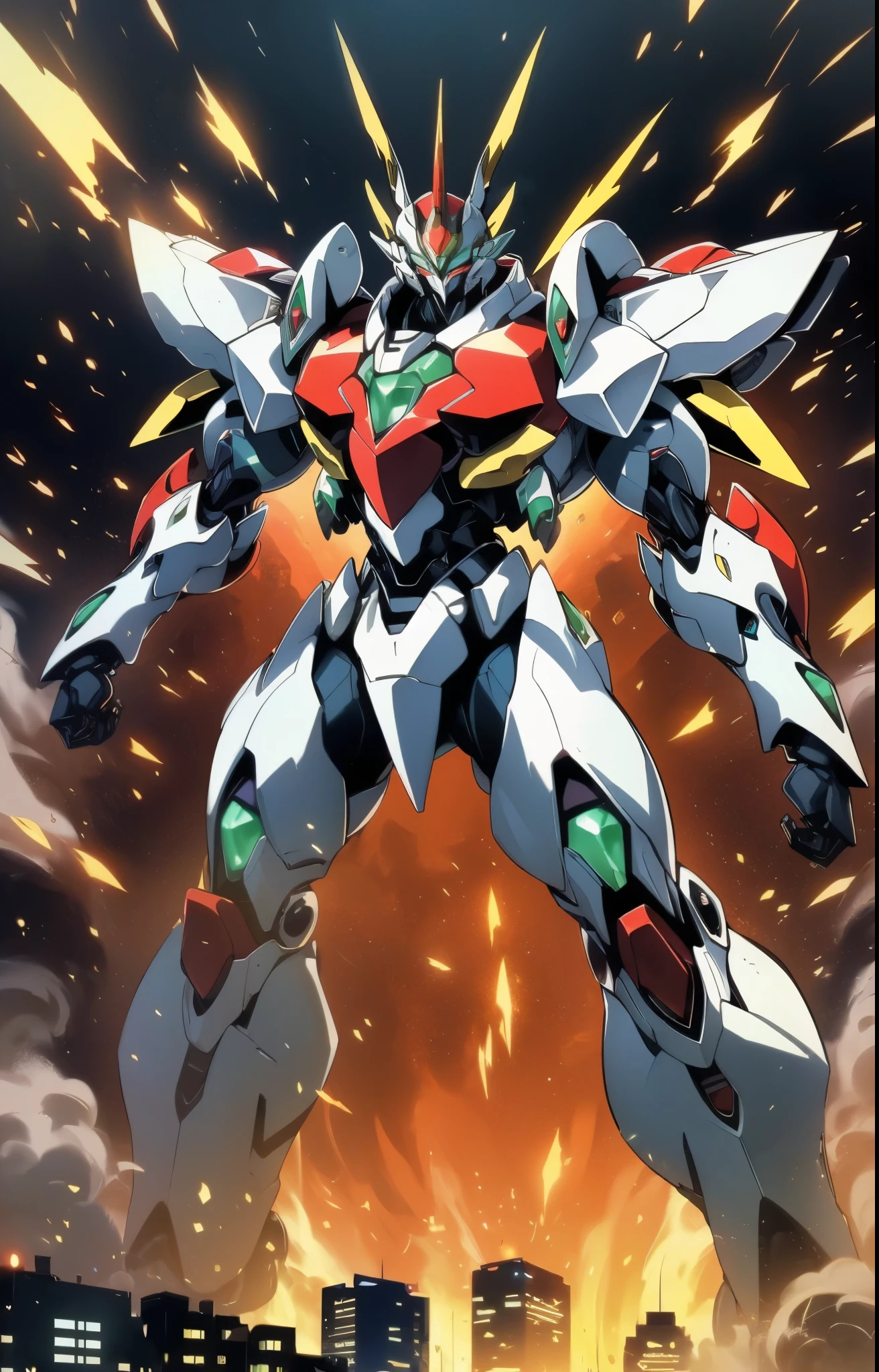 Humanoid Mecha, fully enclosed shoulder guards, matching arm and leg guards, full body, full armor, super robot, the design balances heavy with agility, (the color scheme is primarily white with red and blue accents, the concept Inspired by super robot, organic biotech chest armor, pose, standing, floating high above the futuristic sci-fi city), exquisite and mature art style, (aura effect, energy, glowing eyes, the armor glows), ((SRS)), metallic, dynamic angle, dynamic composition, dramatic, high definition, best quality, highres, ultra-detailed, ultra-fine painting, extremely delicate, professional, perfect body proportions, anatomically correct, symmetrical face, extremely detailed eyes and face, high quality eyes, creativity, RAW photo, UHD, 32k, Natural light, cinematic lighting, masterpiece-anatomy-perfect, masterpiece:1.5