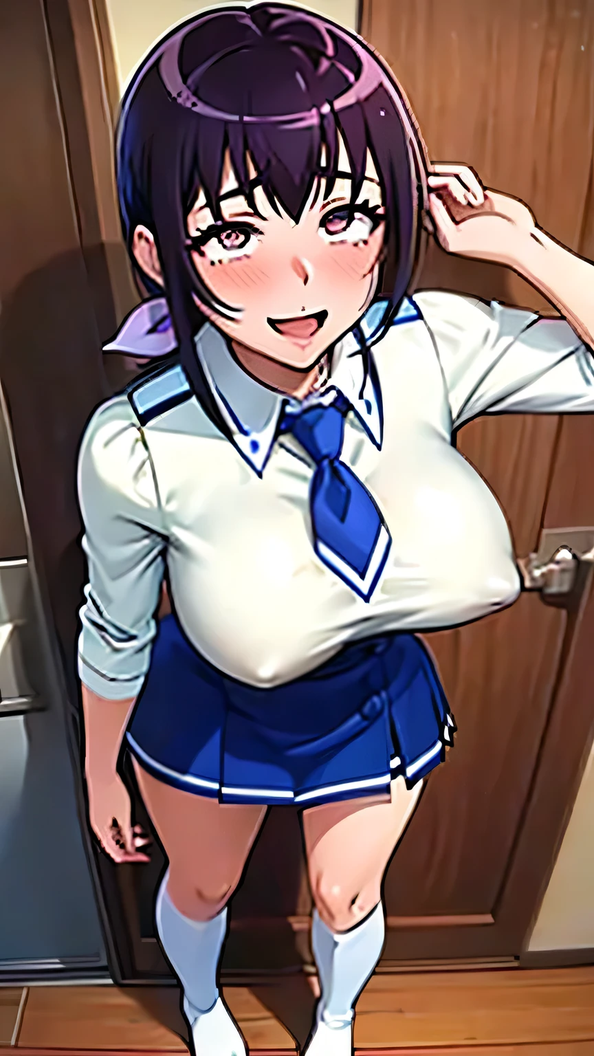Full body portrait:1.3、masterpiece、highest quality、Beautiful woman、Extraordinary beauty、White shirt、Very short blue pleated skirt、(Crotch pose)、Knee socks、tie、Big Breasts 、Black-haired、A naughty smile to please a man:1.3、Beautiful feet、One woman、Sweaty、blush、(Miyukino Hoshizora's School Uniform):1.2、Wet costume、Detailed costume、Detailed skin、Detailed face、Opening the door to welcome guests、Pinch the hem of your skirt and lift it up、Panties are visible、Open your mouth、Hot Breath