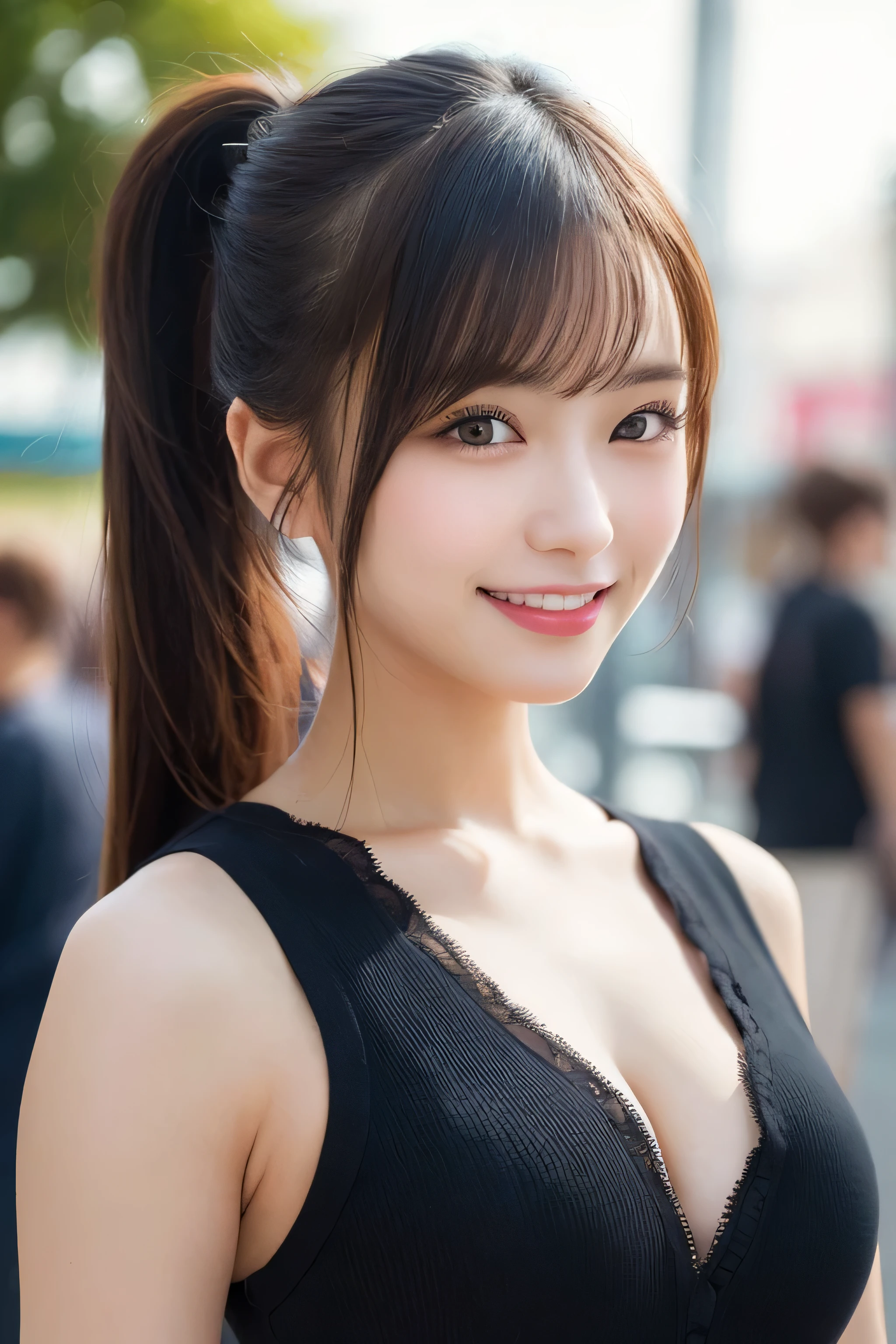 masutepiece, Best Quality, Illustration, Ultra-detailed, finely detail, hight resolution, 8K Wallpaper, Perfect dynamic composition, Beautiful detailed eyes, Women's Fashion Summer,Ponytail Hair,mid-chest, Natural Color Lip, Bold sexy poses,Smile,Harajuku、20 years girl、Cute、Sexy shot looking at camera, middle Breasts,