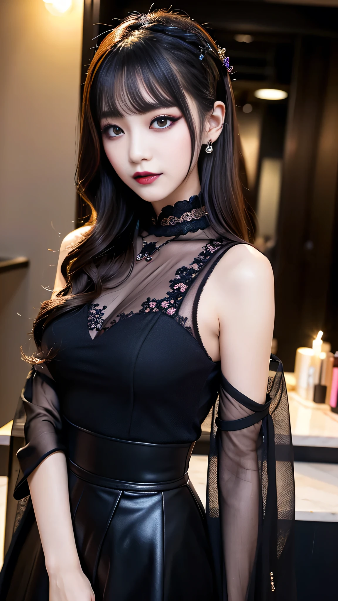 A close up of a woman in a black dress posing for a picture - SeaArt AI
