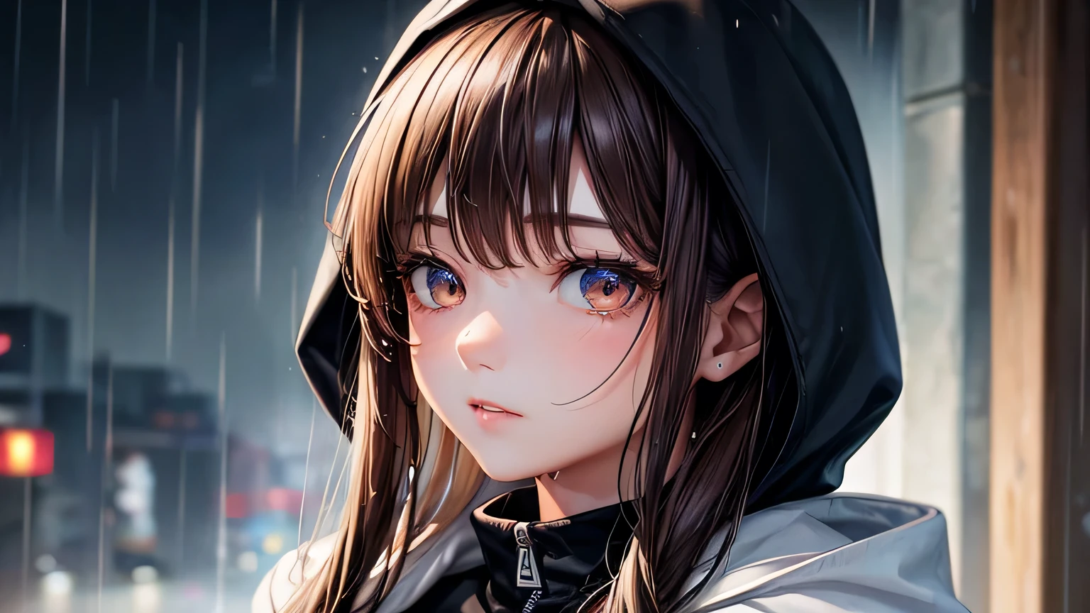 Beautiful woman 1.3, Beautiful brown hair: 1.2, , Rainy Town: 1.2,City of night,In town: 1.1, Ultra-high resolution, Accurate, Super detailed, Textured skin, High detail, highest quality, 8k,Thin bangs,Upper Body,Well-drawn eyes, Focus on the face,Large plain hoodie,Detailed hair depiction,Detailed depiction of eyes、Detailed depiction of hair、rain、rain grain、Wet Hair、