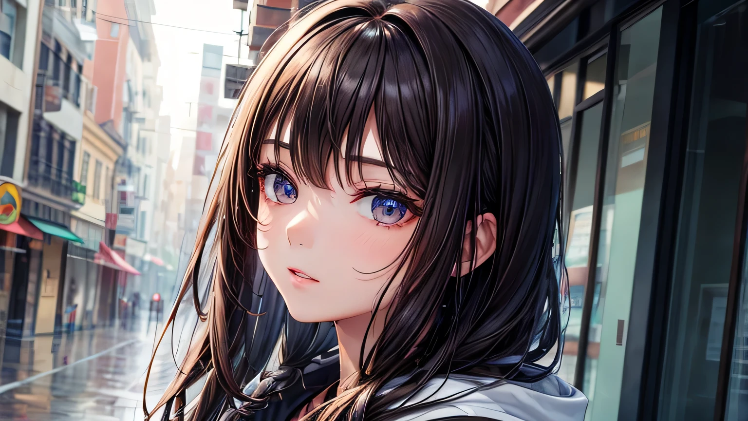Beautiful woman 1.3, Beautiful brown hair: 1.2, , Rainy Town: 1.2,City of night,In town: 1.1, Ultra-high resolution, Accurate, Super detailed, Textured skin, High detail, highest quality, 8k,Thin bangs,Upper Body,Well-drawn eyes, Focus on the face,Large plain hoodie,Detailed hair depiction,Detailed depiction of eyes、Detailed depiction of hair、rain、rain grain、Wet Hair、