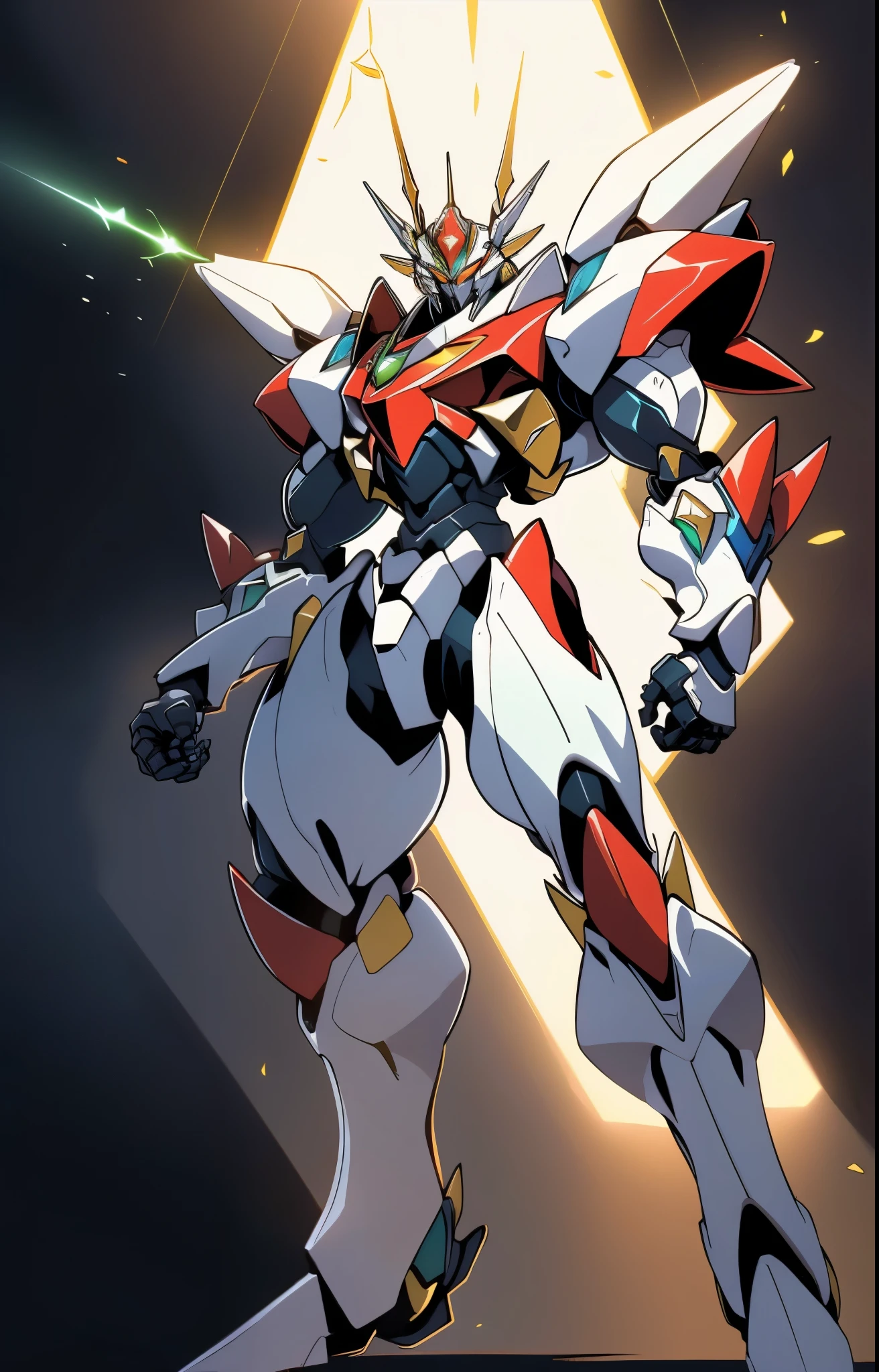 Humanoid Mecha, fully enclosed shoulder guards, matching arm and leg guards, full body, full armor, super robot, the design balances heavy with agility, (the color scheme is primarily white with red and blue accents, the concept Inspired by super robot, organic biotech chest armor, pose, standing, floating high above the futuristic sci-fi city), exquisite and mature art style, (aura effect, energy, glowing eyes, the armor glows), ((SRS)), metallic, dynamic angle, dynamic composition, dramatic, high definition, best quality, highres, ultra-detailed, ultra-fine painting, extremely delicate, professional, perfect body proportions, anatomically correct, symmetrical face, extremely detailed eyes and face, high quality eyes, creativity, RAW photo, UHD, 32k, Natural light, cinematic lighting, masterpiece-anatomy-perfect, masterpiece:1.5