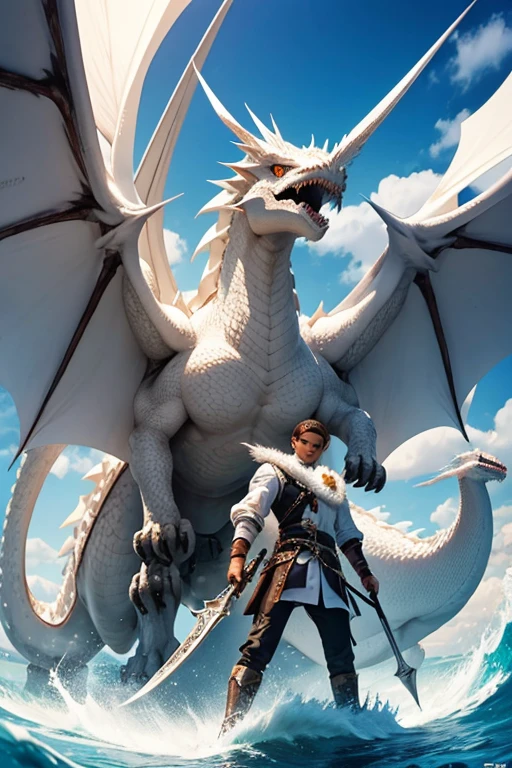 Menino de 16 anos.com uma espada.facing a white dragon