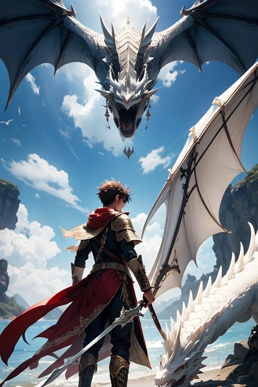 Menino de 16 anos.com uma espada.facing a white dragon