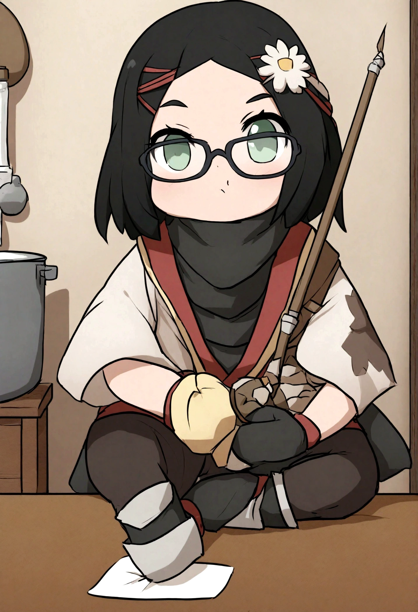"Desenhe uma personagem de anime chamada 'Mini Ninja', do tamanho de uma caneca. Ela tem cabelos curtos e pretos com mexas azuis, olhos castanhos, e usa large square glasses. His outfit is a classic black ninja outfit..The 'Mini Ninja' is on a kitchen table with common objects around it, destacando sua pequena estatura. She holds a pencil as a weapon, emphasizing that it is smaller than the pencil itself. Alternativamente, a cena pode ser em um jardim com um degrau ao fundo e flores ao redor, showing that the character is much smaller than a flower."
Personagem:
Nome: "Mini Ninja"
Tamanho: "Estatura de uma fada, aproximadamente do tamanho de um copo ou uma caneca."
Appearance: "Cabelos curtos e pretos, olhos castanhos, large square glasses."
Roupa: "Roupa de ninja preta com detalhes rosas."
Arma: "Using a pencil as a weapon."
scenario:
Option 1: "Mesa de cozinha com objetos comuns ao redor."
Option 2: "Jardim com um degrau ao fundo e flores ao redor, showing that the character is much smaller than a flower."