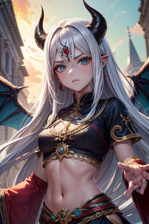 (Obra de arte, 4k, alta qualidade, altamente detalhado, rosto detalhado, cores vivas, natural lighting, ((Rosto desgastado)), (amazing background), ((chicote)), demon tail, cara de bravo, serious, ((adulto)), franja de corte reto, cabelo longo, grande busto , ((cabelos brancos com estrias vermelhas)), armaduras, ((Turquoise armaduras)), pele cinza, marcas de sangue, ((olhos amarelos)), casaco de pano de pele, capa longa, demon horns, salto, boa anatomia, luvas longas, Mal, Emotionless, intimidador, sangrento, olhos lindos, fundo escuro, olhos detalhados