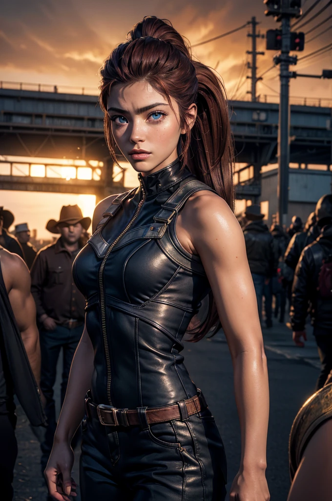 iliaamitola, ilia amitola, long hair, blue eyes, brown hair, ponytail, dark skin, dark-skinned female, BREAK bare shoulders, bodysuit, BREAK standing on old suspension bridge, river, post-apocalypse, dystopian future, crowd, (crowd in military uniforms), bonfires, (volumetric lighting), best quality, masterpiece, intricate details, tonemapping, sharp focus, hyper detailed, BREAK looking at viewer, (cowboy shot:1.5), BREAK (masterpiece:1.2), best quality, high resolution, unity 8k wallpaper, (illustration:0.8), (beautiful detailed eyes:1.6), extremely detailed face, perfect lighting, extremely detailed CG, (perfect hands, perfect anatomy), (masterpiece,stunning girlfriend, (standing:1.1), dynamic pose, heart shaped face, elegant face, beautiful face, highly detailed face, highly detailed skin, skin pores, subsurface scattering, realistic pupils, looking at viewer, full lips, detailed background, depth of field, atmospheric perspective, volumetric lighting, sharp focus, absurdres, realistic proportions, good anatomy, (realistic, hyperrealistic:1.4), 16k hdr,