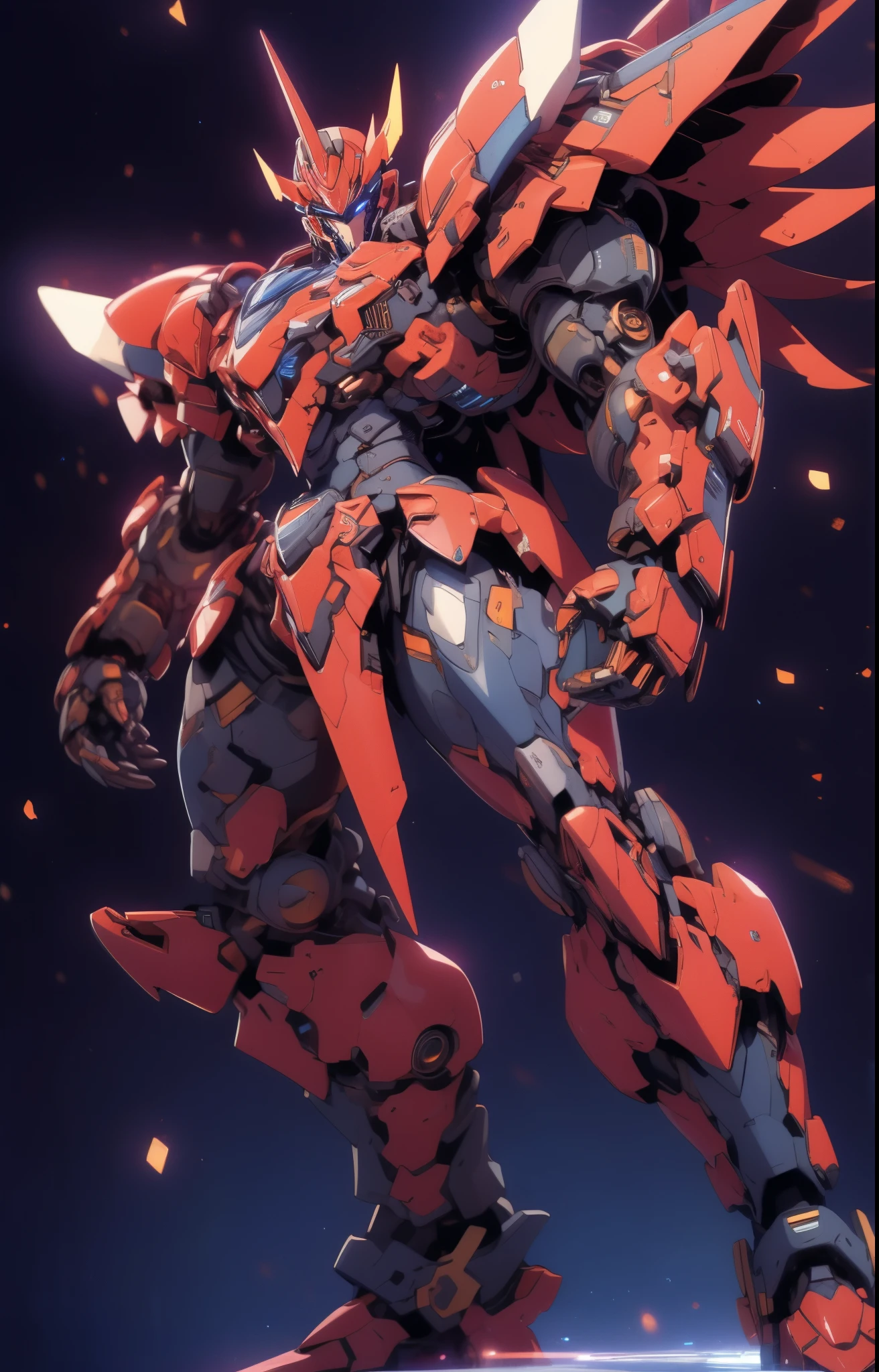 Humanoid Mecha, fully enclosed shoulder guards, matching arm and leg guards, full body, full armor, super robot, the design balances heavy with agility, (the color scheme is primarily white with red and blue accents, the concept Inspired by super robot, organic biotech chest armor, pose, standing, floating high above the futuristic sci-fi city), exquisite and mature art style, (aura effect, energy, glowing eyes, the armor glows), ((SRS)), metallic, dynamic angle, dynamic composition, dramatic, high definition, best quality, highres, ultra-detailed, ultra-fine painting, extremely delicate, professional, perfect body proportions, anatomically correct, symmetrical face, extremely detailed eyes and face, high quality eyes, creativity, RAW photo, UHD, 32k, Natural light, cinematic lighting, masterpiece-anatomy-perfect, masterpiece:1.5