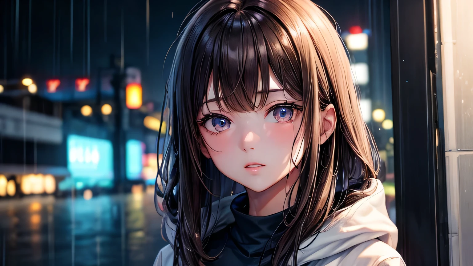 Beautiful woman 1.3, Beautiful brown hair: 1.2, , Rainy Town: 1.2,City of night,In town: 1.1, Ultra-high resolution, Accurate, Super detailed, Textured skin, High detail, highest quality, 8k,Thin bangs,Upper Body,Well-drawn eyes, Focus on the face,Large plain hoodie,Detailed hair depiction,Detailed depiction of eyes、Detailed depiction of hair、rain、rain grain、Wet Hair、Neon Light、Wet ground、
