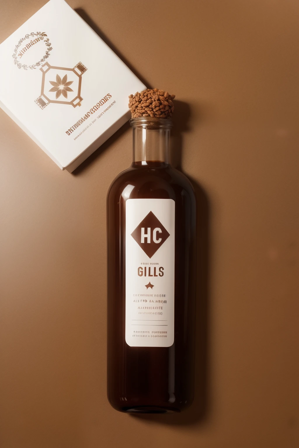 generate a brand logo for glass bottles of chocolate  covered almond seeds. the glass is hexagonal in shape and has about 250g, the logo background must be light brown and have no more than 2 shades of colors

