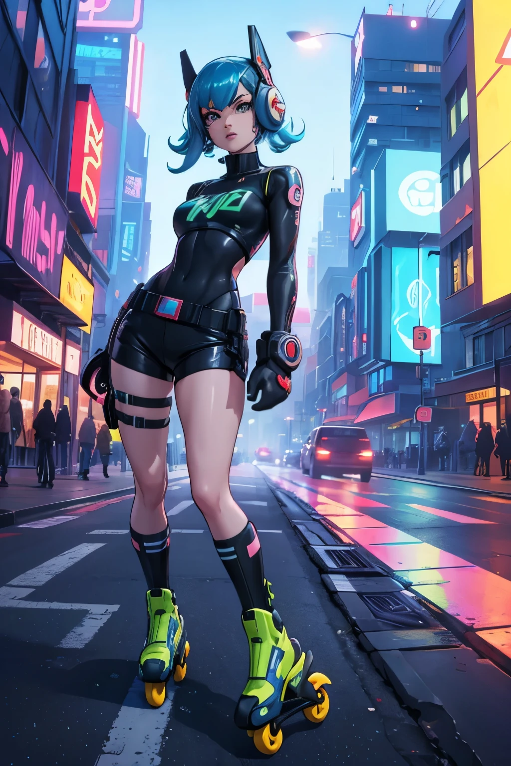 a girl with vibrant blue hair in a futuristic urban setting, neon lights, graffiti, roller blades, flashy fashion, dynamic pose, chewing bubble gum, (best quality,4k,8k,highres,masterpiece:1.2),ultra-detailed,(realistic,photorealistic,photo-realistic:1.37),dynamic scene, vivid colors, neon lights, urban environment, street art, roller blading, futuristic style, stylized character design