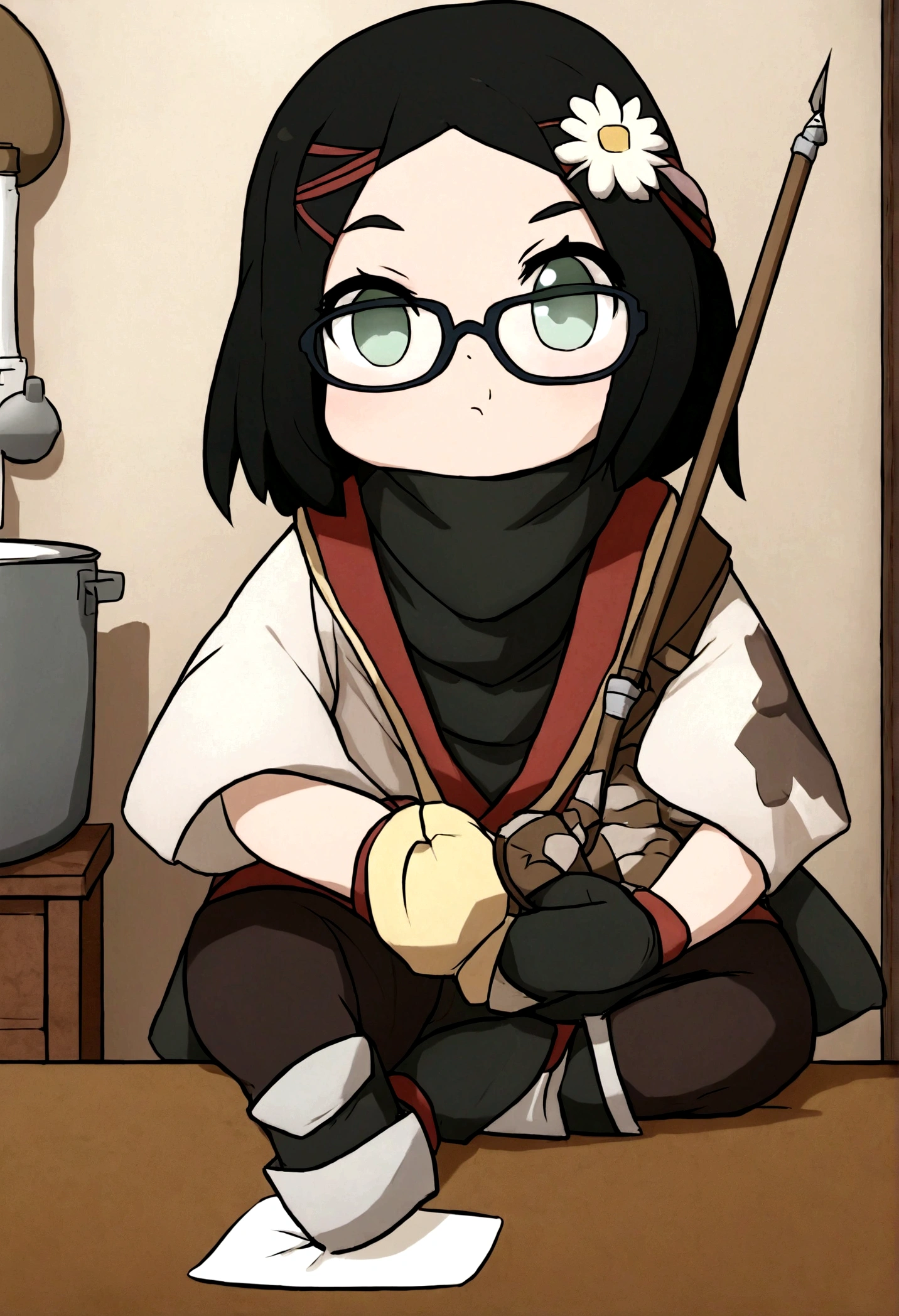 "Desenhe uma personagem de anime chamada 'Mini Ninja', do tamanho de uma caneca. Ela tem cabelos curtos e pretos com mexas azuis, olhos castanhos, e usa large square glasses. His outfit is a classic black ninja outfit..The 'Mini Ninja' is on a kitchen table with common objects around it, destacando sua pequena estatura. She holds a pencil as a weapon, emphasizing that it is smaller than the pencil itself. Alternativamente, a cena pode ser em um jardim com um degrau ao fundo e flores ao redor, showing that the character is much smaller than a flower."
Personagem:
Nome: "Mini Ninja"
Tamanho: "Estatura de uma fada, aproximadamente do tamanho de um copo ou uma caneca."
Appearance: "Cabelos curtos e pretos, olhos castanhos, large square glasses."
Roupa: "Roupa de ninja preta com detalhes rosas."
Arma: "Using a pencil as a weapon."
scenario:
Option 1: "Mesa de cozinha com objetos comuns ao redor."
Option 2: "Jardim com um degrau ao fundo e flores ao redor, showing that the character is much smaller than a flower."