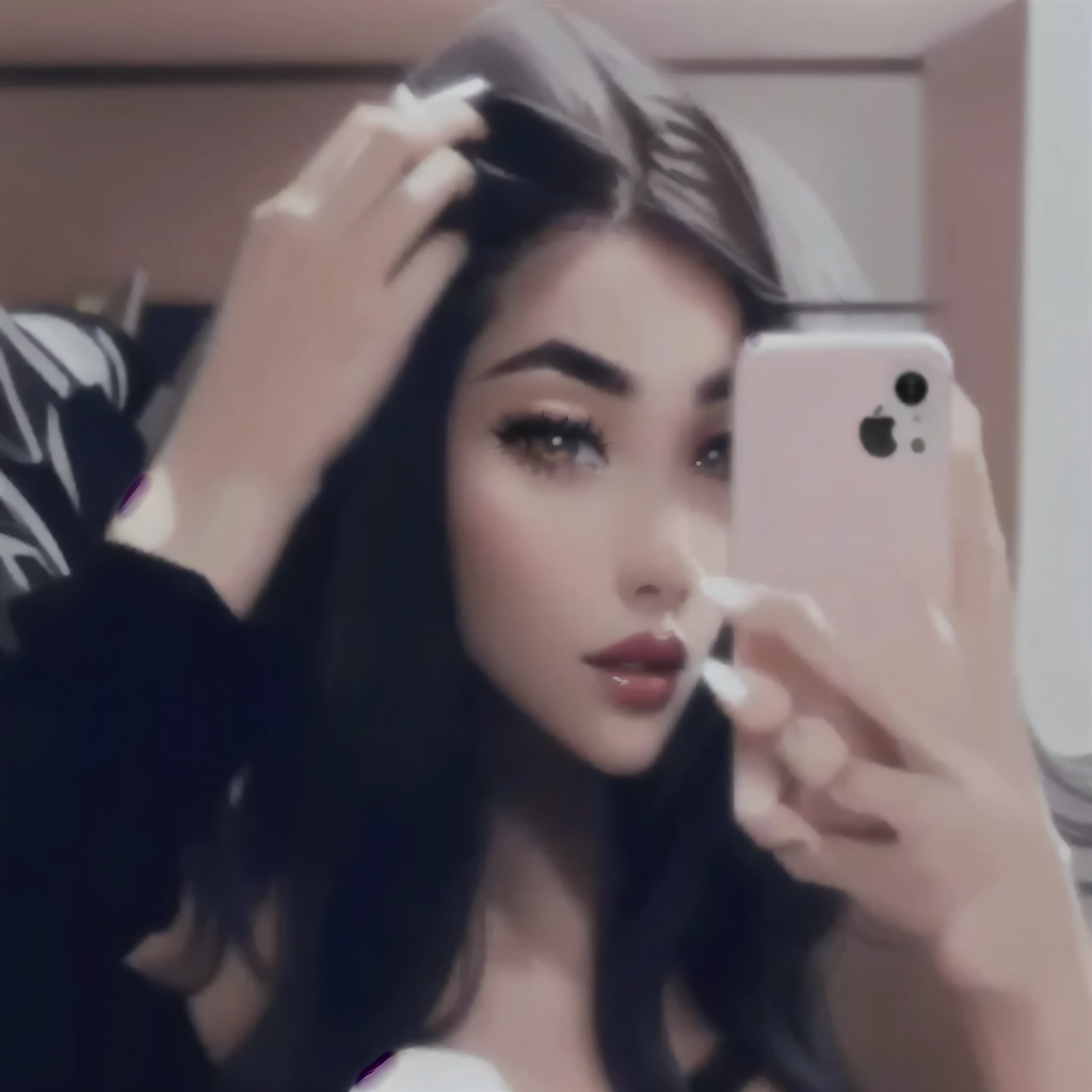 there is a woman that is brushing her hair with a cell phone, mirror selfie, selfie of a young woman, 18 years old, madison beer, madison beer girl portrait, iphone selfie, selfie, leaked image, 8k selfie photograph, profile pic, very very low quality picture, 💋 💄 👠 👗, :: madison beer, profile image, in love selfie