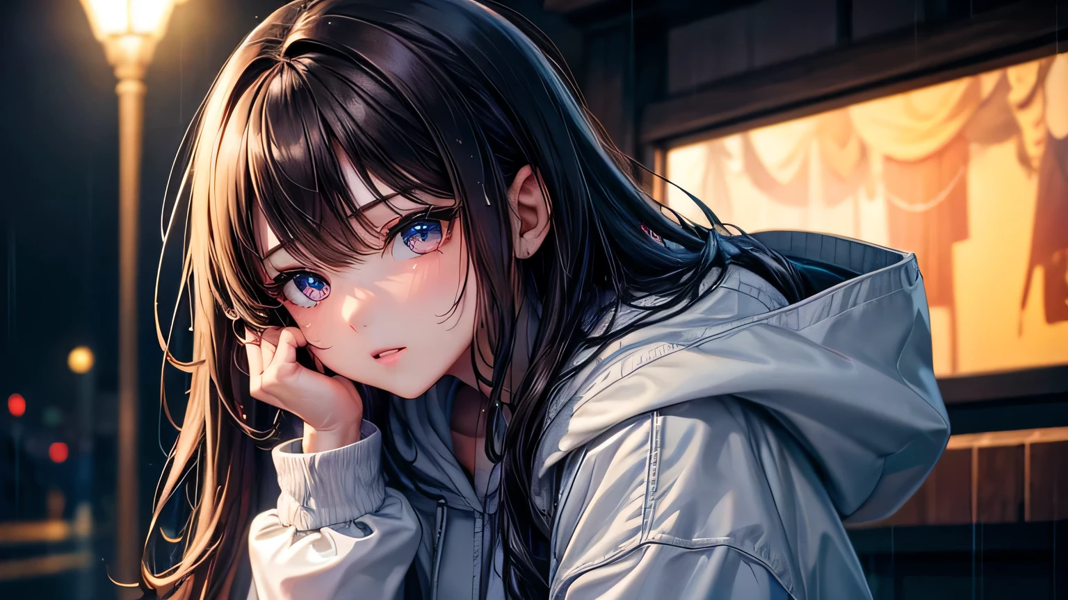 Beautiful woman 1.3, Beautiful brown hair: 1.2, , Rainy Town: 1.2,City of night,In town: 1.1, Ultra-high resolution, Accurate, Super detailed, Textured skin, High detail, highest quality, 8k,Thin bangs,Upper Body,Well-drawn eyes, Focus on the face,Large plain hoodie,Detailed hair depiction,Detailed depiction of eyes、Detailed depiction of hair、rain、rain grain、Neon Light、Wet ground、