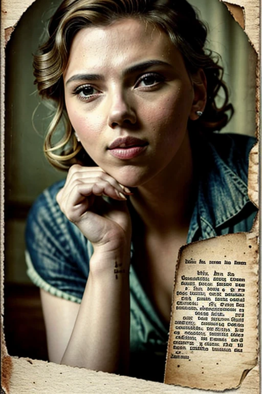 a closeup of Scarlett Johansson's face, pose with her hand on her chin on a piece of paper, realistic old photograph, realistic old photo, grainy damaged photo, on old paper, aged photo, old photo, damaged photo, very old photo, old photo, post grunge portrait, inspired by Anna Füssli, old photography, looks ebru şahin, restore.