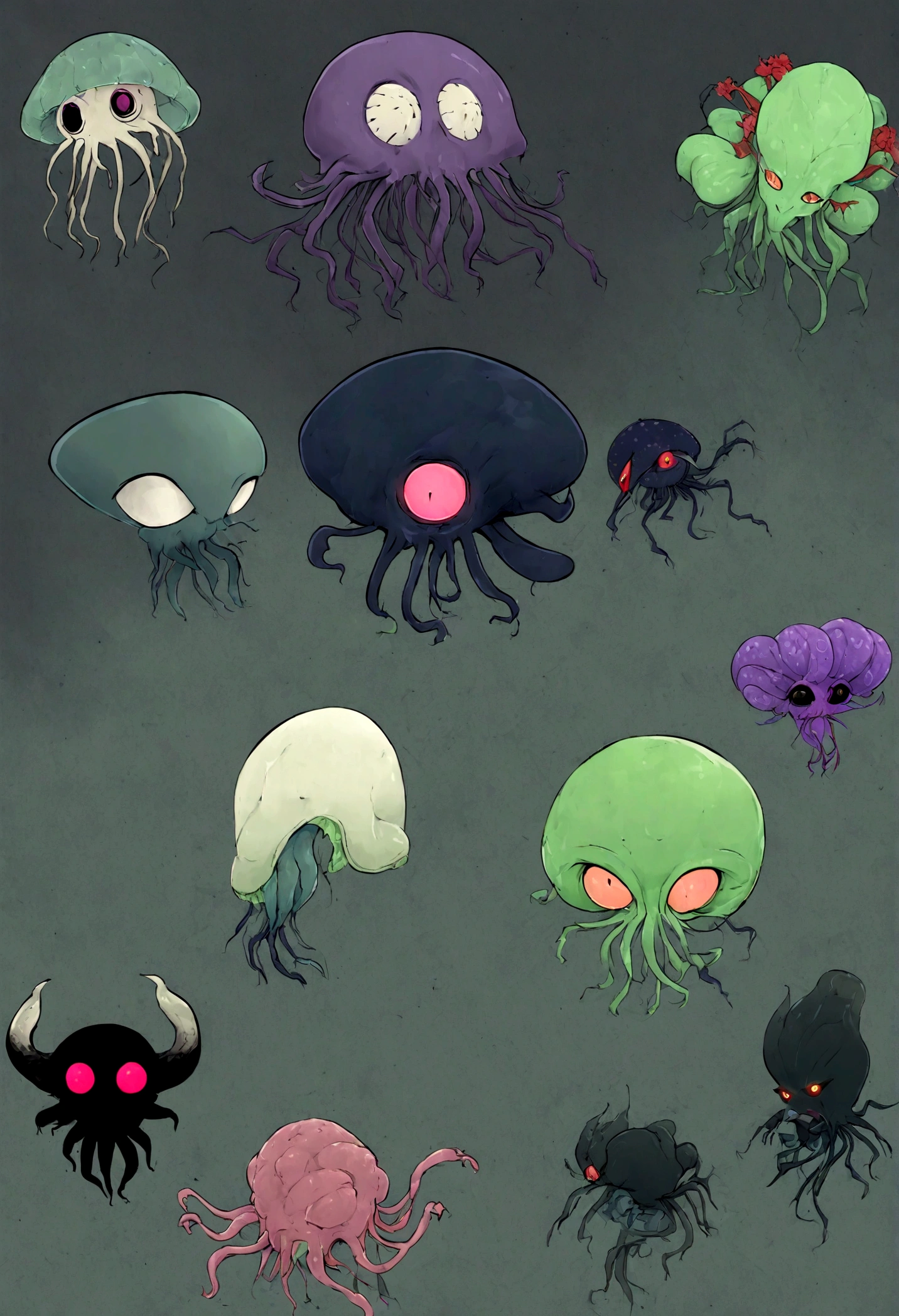 there are two black alien heads with glowing eyes and a black body, Misterioso lodo preto, cosmic horror concept art, Arte de personagem de criatura conceitual, mix of creatures with tentacles, arte conceitual do cavaleiro oco, arte conceitual de monstro, cyberpunk jellyfish, Squid-like aliens, estilo de jeff soto, arte conceitual escura de alto contraste, arte conceitual de criatura, alien squid, make it scary
