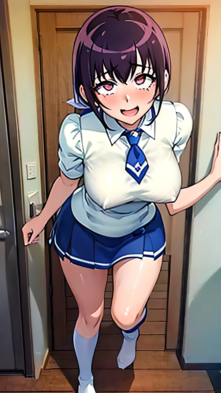 Full body portrait:1.3、masterpiece、highest quality、Beautiful woman、Extraordinary beauty、White shirt、Very short blue pleated skirt、(Crotch pose)、Knee socks、tie、Big Breasts 、Black-haired、A naughty smile to please a man:1.3、Beautiful feet、One woman、Sweaty、blush、(Miyukino Hoshizora's School Uniform):1.2、Wet costume、Detailed costume、Detailed skin、Detailed face、Opening the door to welcome guests、Pinch the hem of your skirt and lift it up、Panties are visible、Open your mouth、Hot Breath、Photographed from below her at an angle:1.3