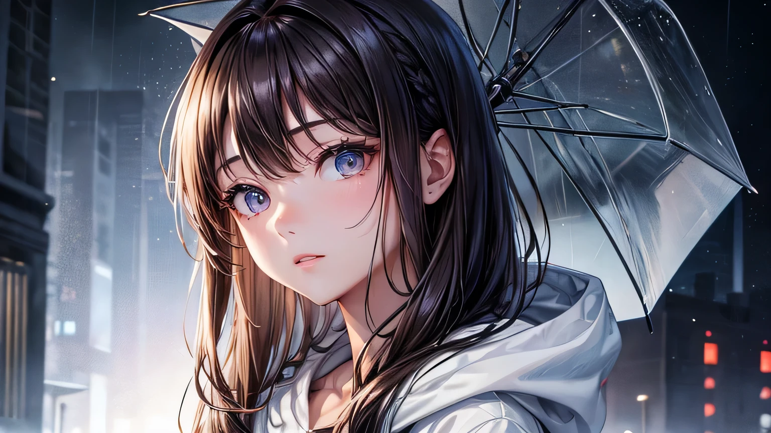 Beautiful woman 1.3, Beautiful brown hair: 1.2, , Rainy Town: 1.2,City of night,In town: 1.1, Ultra-high resolution, Accurate, Super detailed, Textured skin, High detail, highest quality, 8k,Thin bangs,Upper Body,Well-drawn eyes, Focus on the face,Large plain hoodie,Detailed hair depiction,Detailed depiction of eyes、Detailed depiction of hair、rain、rain grain、Neon Light、Wet ground、