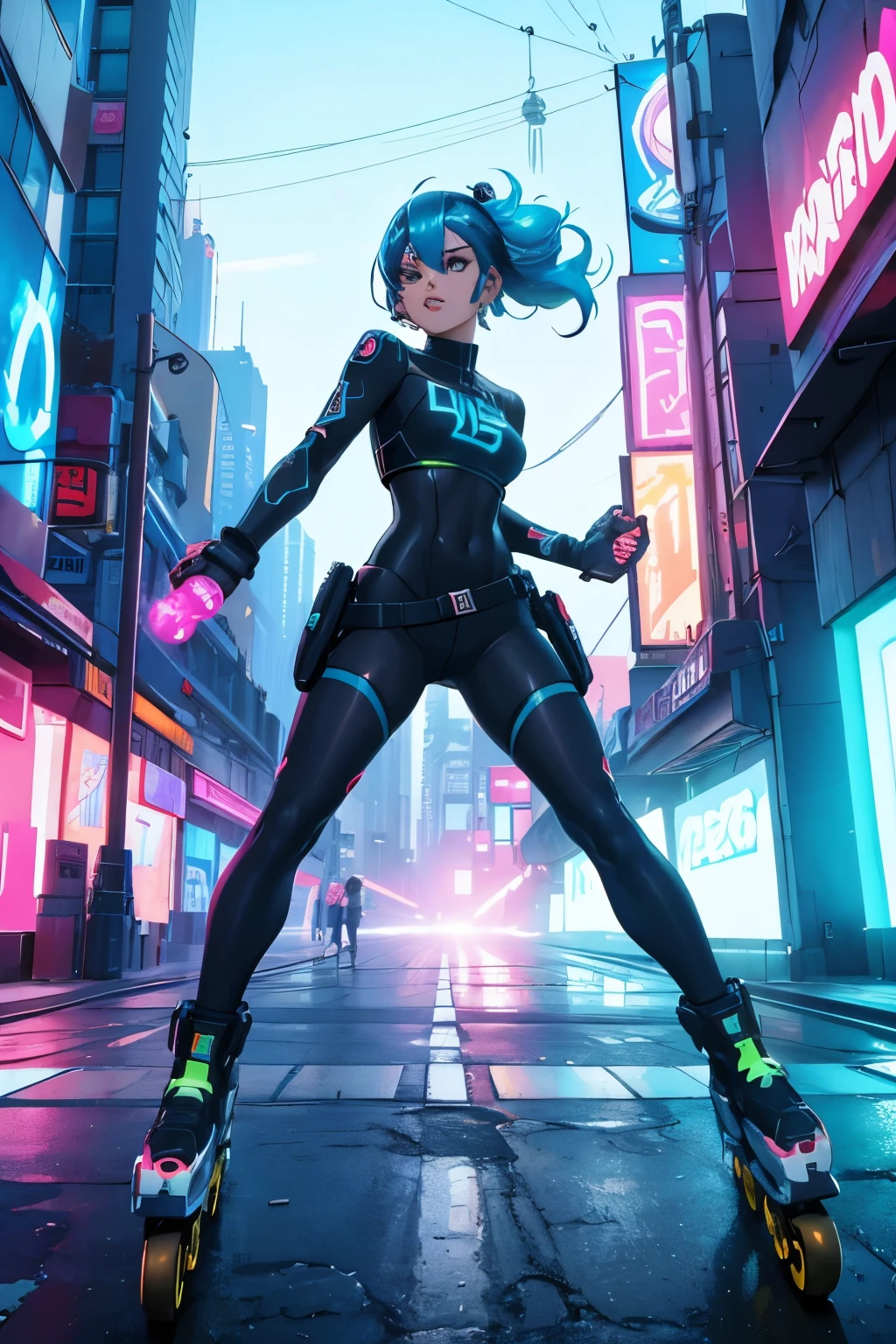 a girl with vibrant blue hair in a futuristic urban setting, neon lights, graffiti, roller blades, flashy fashion, dynamic pose, chewing bubble gum, (best quality,4k,8k,highres,masterpiece:1.2),ultra-detailed,(realistic,photorealistic,photo-realistic:1.37),dynamic scene, vivid colors, neon lights, urban environment, street art, roller blading, futuristic style, stylized character design