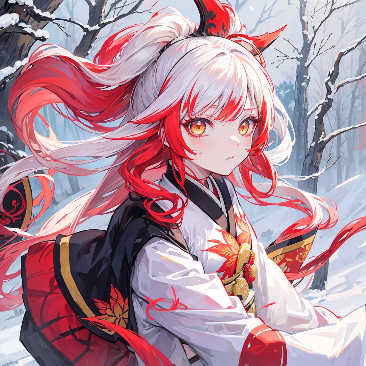 Kimetsu no yaiba anime style female character, long white hair and red hair highlights of hair, yellow eyes, wearing a kimono with an atana, in a snowy forest, soft expression, in fighting position. Blood power.