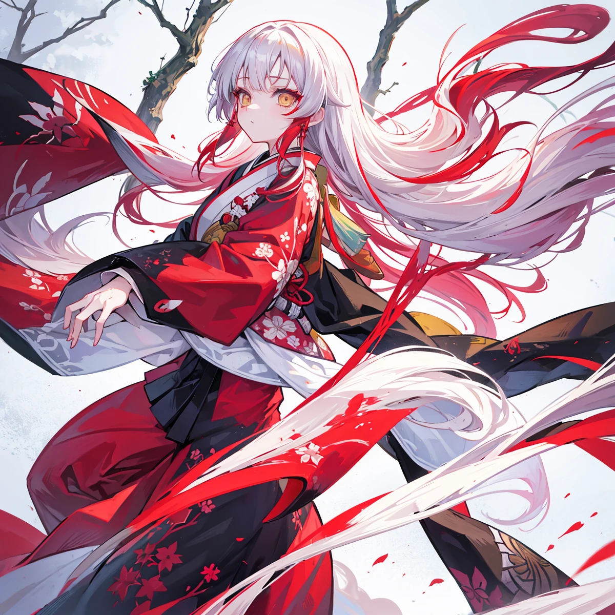 Kimetsu no yaiba anime style female character, long white hair and red hair highlights of hair, yellow eyes, wearing a kimono with an atana, in a snowy forest, soft expression, in fighting position. Blood power.