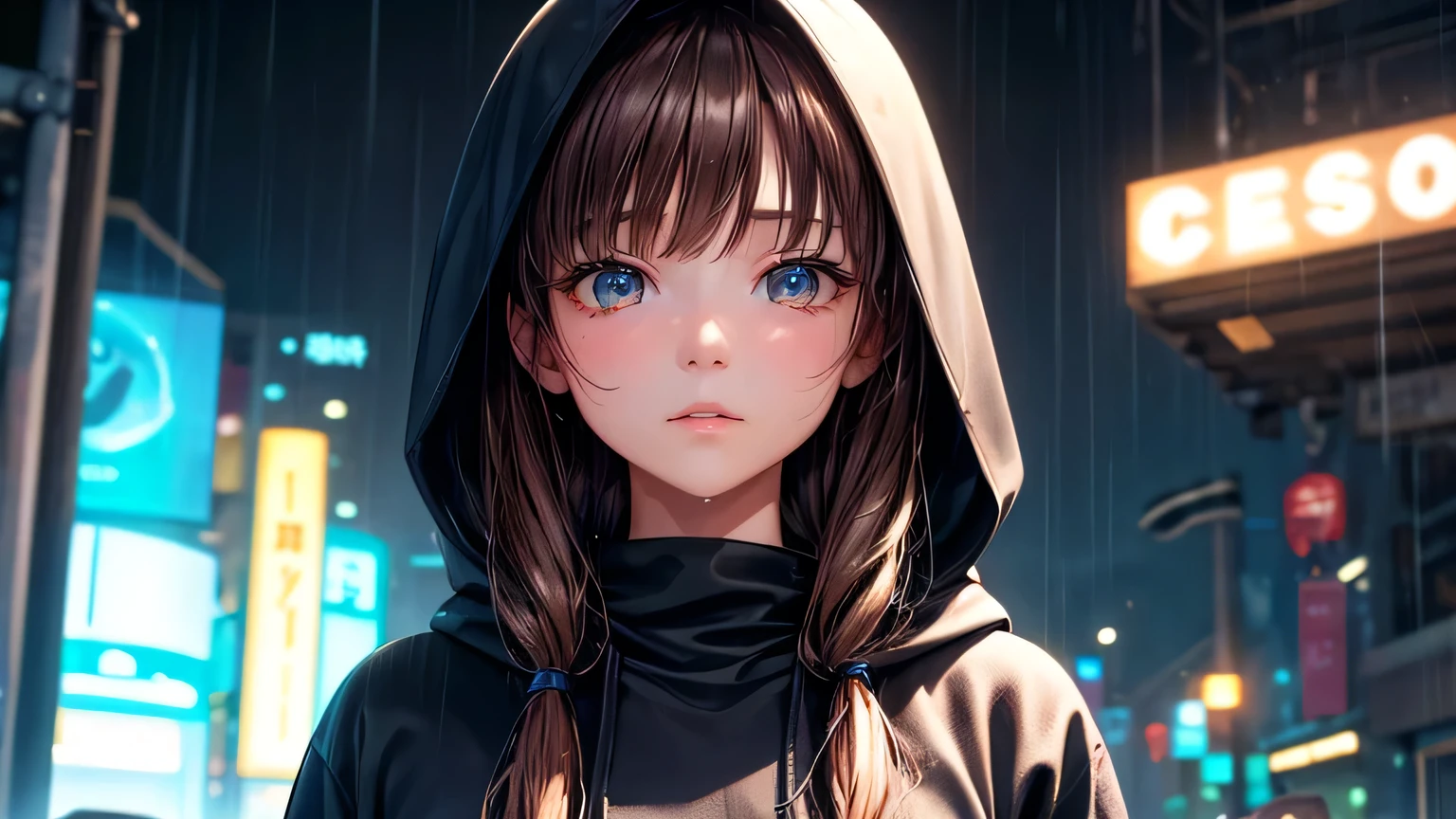 Beautiful woman 1.3, Beautiful brown hair: 1.2, , Rainy Town: 1.2,City of night,In town: 1.1, Ultra-high resolution, Accurate, Super detailed, Textured skin, High detail, highest quality, 8k,Thin bangs,Upper Body,Well-drawn eyes, Focus on the face,Large plain hoodie,Detailed hair depiction,Detailed depiction of eyes、Detailed depiction of hair、rain、rain grain、Neon Light、Wet ground、