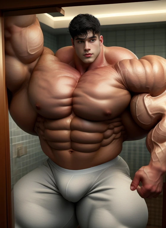 1 masculine boy, short black haircut, ultraheavyweight bodybuilder, thinking, indoor, in the modern bathroom, strong body, bulk, naked, wear white triangular underwear, bulge, very big, brutalmass, giant, muscular body, bulk, massive body, large meaty body size, brown veiny skin, big arms, large meaty pecs, wet, rounded muscle, UHD, Realistic, intricate detail, illuminating light
