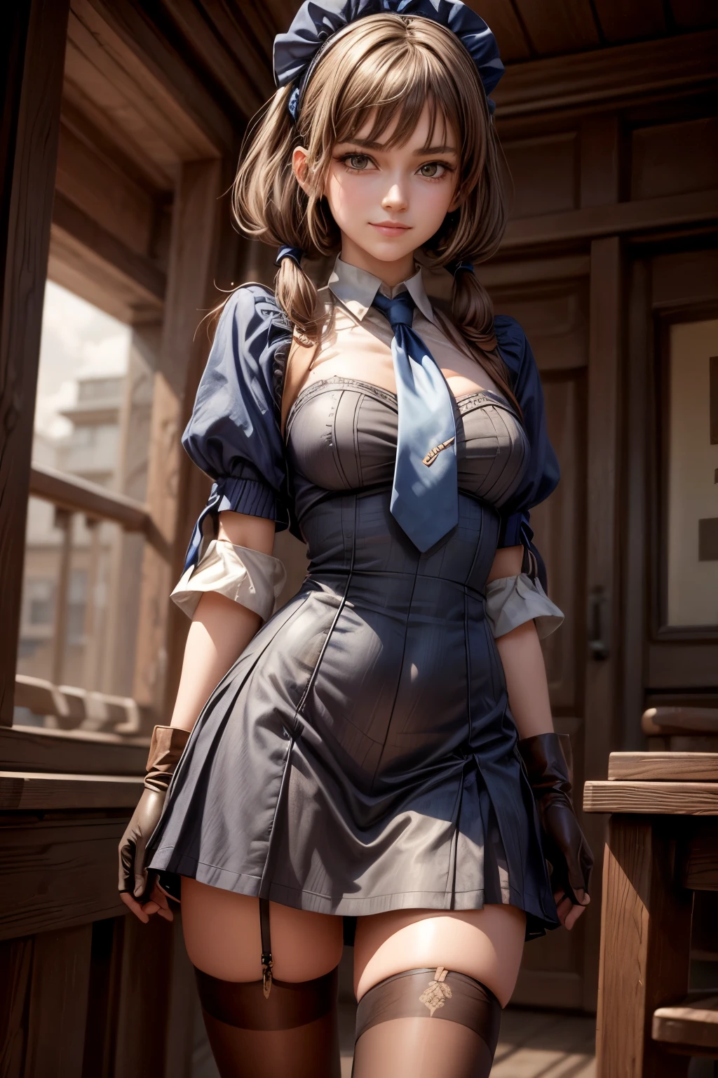 2d, masterpiece, best quality, anime, highly detailed face, highly detailed eyes, highly detailed background, perfect lighting, cowboy shot, 1girl, solo, aki rosenthal, collared dress, short dress, short sleeves, blue jacket, black thighhighs, detached hair, long hair, low twintails, bob cut, necktie, headgear, white gloves, elbow gloves, wide hips, smile, standing, spacecraft interior