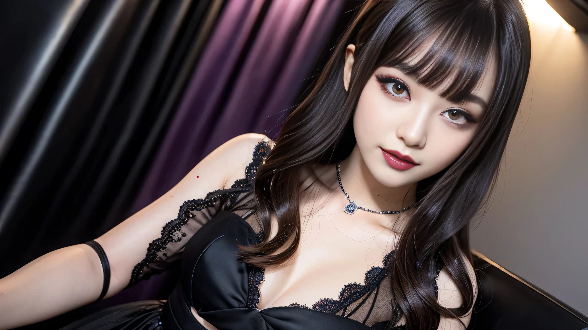 best quality、ultra-detailed、8k、Japanese、Japanese、Seductive beauty、seductive adult woman、Pretty Woman、cool girl、Villainess、brainwash makeup、Brainwashed、brainwash、Fallen into evil、smirk、Evil look、Wicked Smile、evil、Brown hair、wavy hair、swept bangs、dark makeup、dark makeup、piercing eyes、hollow eyes,half-closed eyes、Hollow Eyes、purple Eyeshadow、black lipstick、black lipglos、Lace fabric、black party dress、Wide sleeves、flare skirt、night、inside darkroom、Are standing、Look、Offer、shoot from below、Make up、Hold a small makeup brush、Swear allegiance、I have pledged my allegiance、Seduce、Evil female executive、Female Combatant