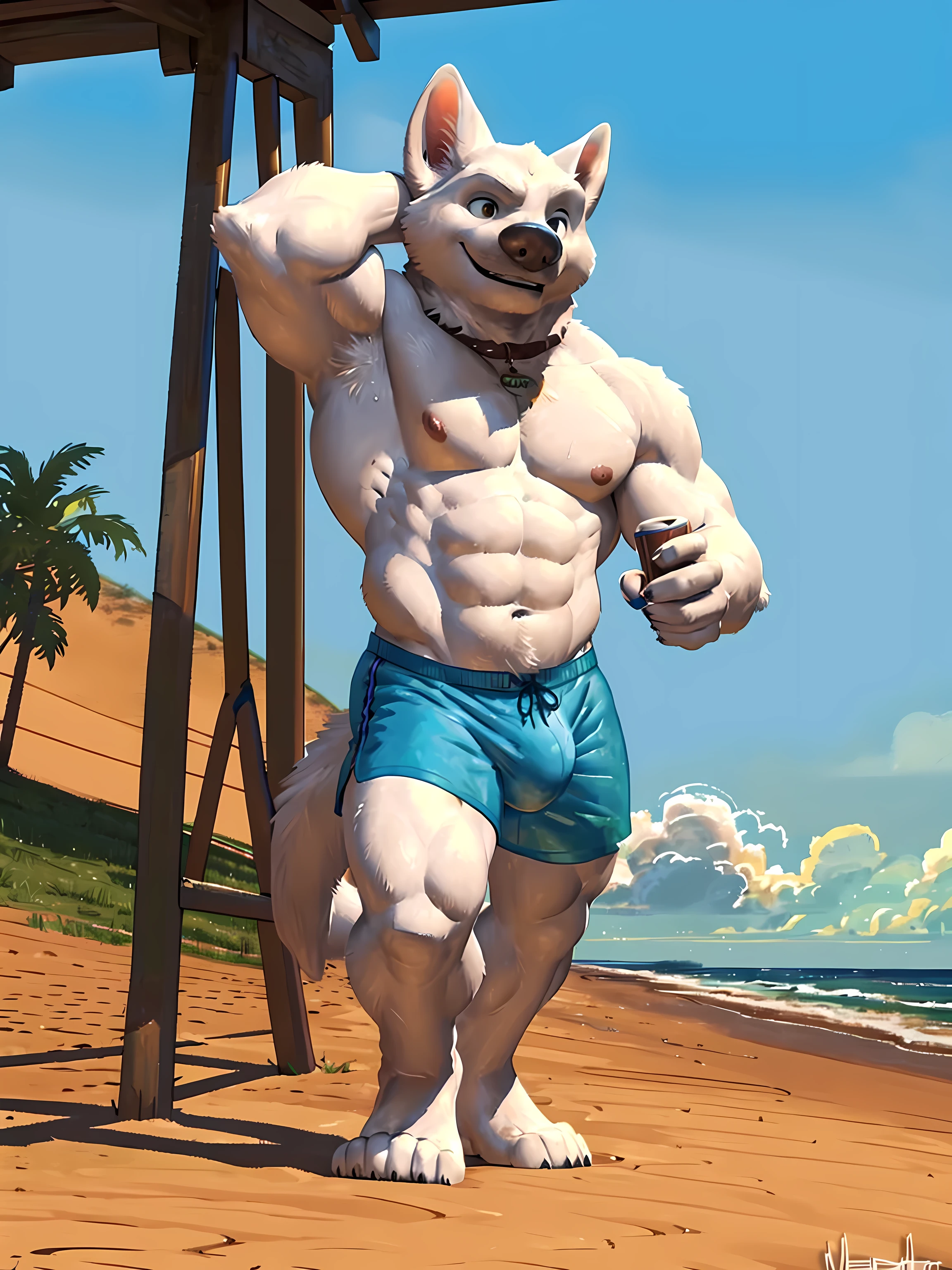 bolt the dog, 4k, high resolution, best quality, detailed, posted on e621, solo, anthro body, masculine, male, (very muscular, muscular legs:1.2), (detailed beach background:1.0), (correct anatomy):1, (detailed eyes:1.1), sexy, (cel shaded:1.2), cartoony shading, (strong shadows, dramatic shadows):1.2, confident, (by wfa, by meesh, by Taran Fiddler), strong, (half body, upper body:1.1), collar, swim shorts, bulge, bare feet, subtle smile, sweat:1.5, wet body:1.5