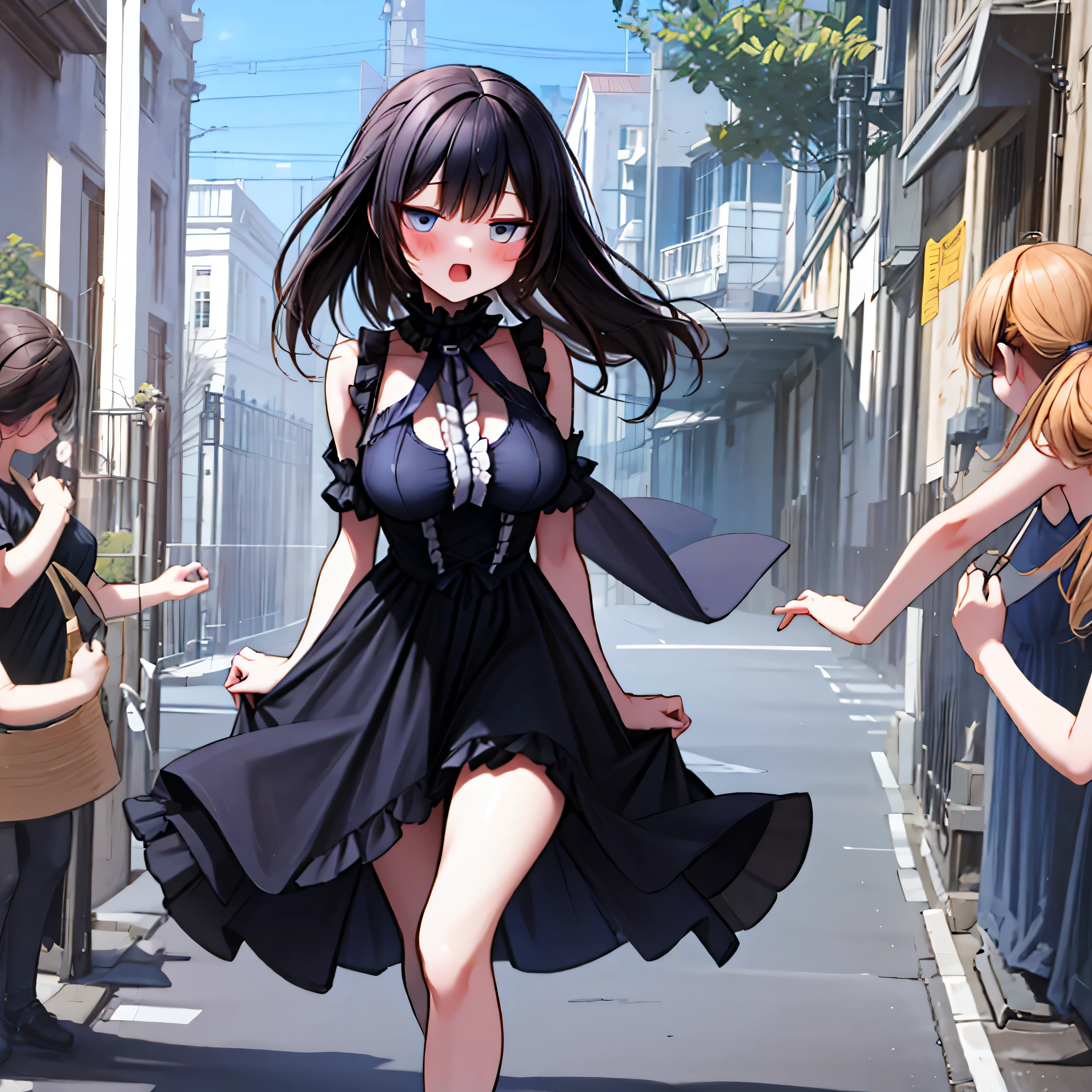 (solo), (1 short girl), (bouncing unaligned breasts), swaying back, arms behind back, long black hair, BREAK, (large breasts), skinny, narrow waist, very short torso, skinny long legs, BREAK, looking at viewer, jitome, nose blush, BREAK, (orgasm), coverd erectile nipples, BREAK, (frilled black dress:1.2), (frilled too short skirt:1.2), Gothic ta, thigh gap, BREAK, blowing wind