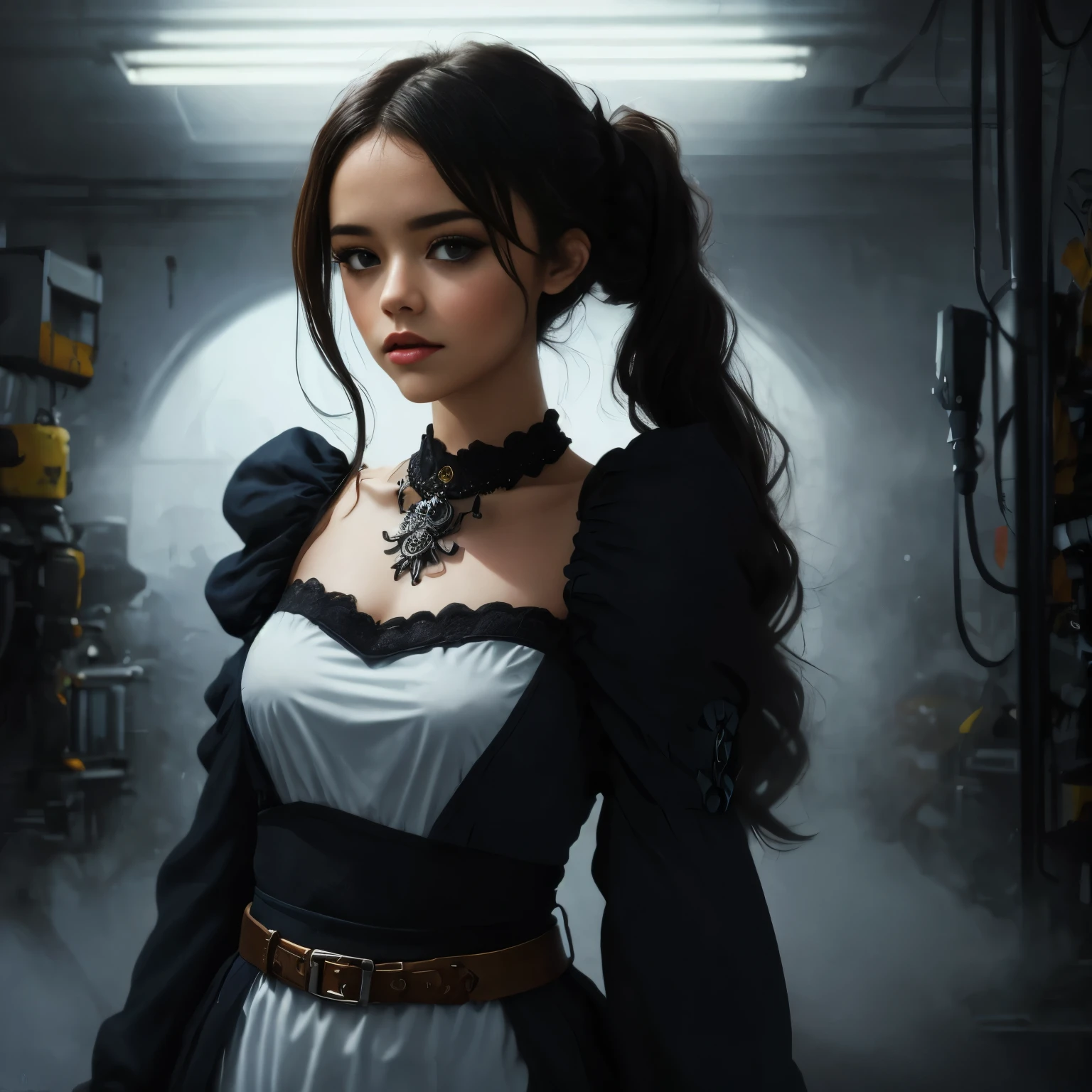 (((Nachtzeit))), (((dark tones))), (((schwarzer Filter))), (dark outside), Illustration von Jenna Ortega, markanten Figur im Stil von Luis Royo, (((schlanker Rahmen, der Selbstvertrauen und Belastbarkeit ausstrahlt))), complicated tattoo for the whole arm, (tetradische Farbkombination), 32k resolution, Best quality, Blick in die Kamera, White light. (((fully clothed))),