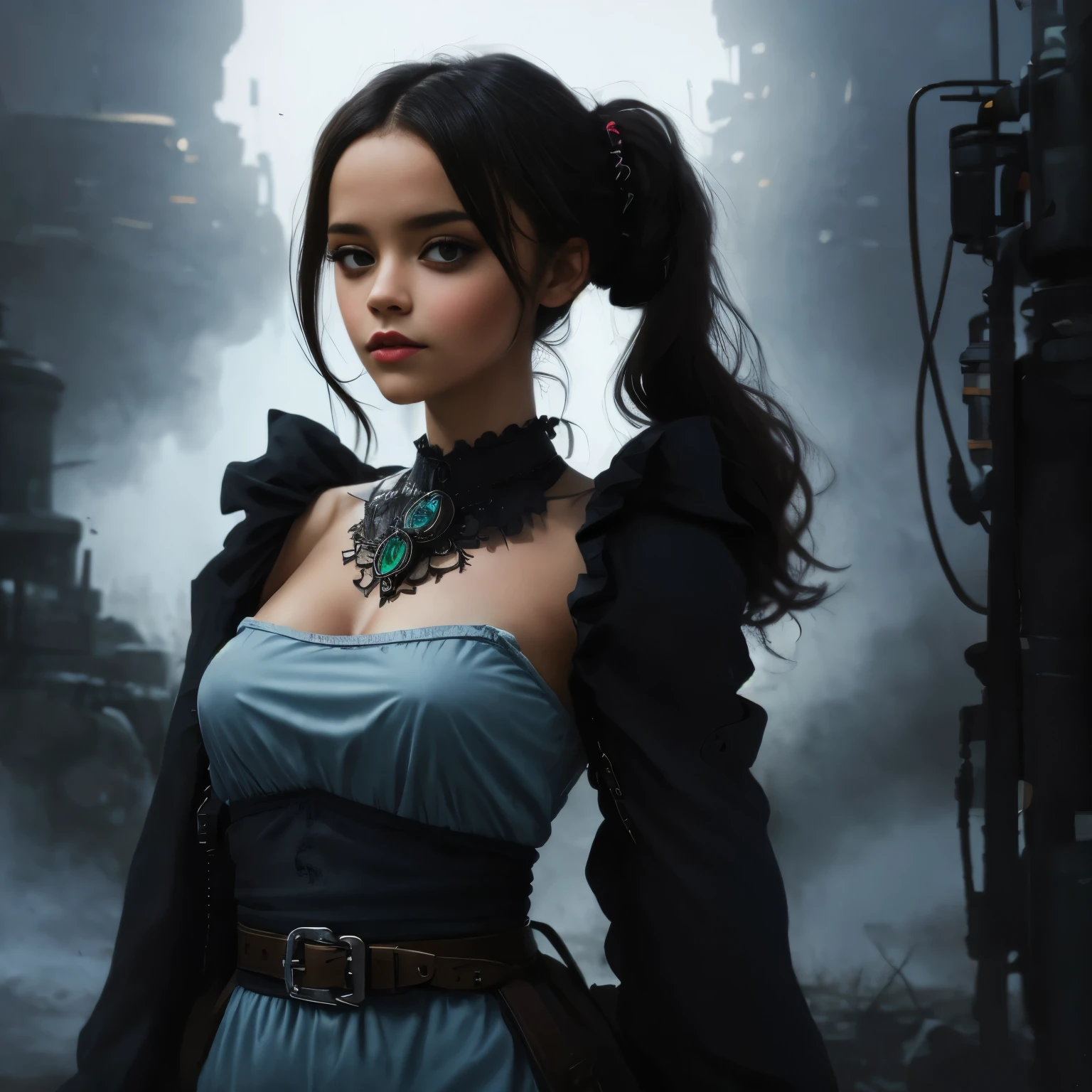 (((Nachtzeit))), (((dark tones))), (((schwarzer Filter))), (dark outside), Illustration von Jenna Ortega, markanten Figur im Stil von Luis Royo, (((schlanker Rahmen, der Selbstvertrauen und Belastbarkeit ausstrahlt))), complicated tattoo for the whole arm, (tetradische Farbkombination), 32k resolution, Best quality, Blick in die Kamera, White light. (((fully clothed))),