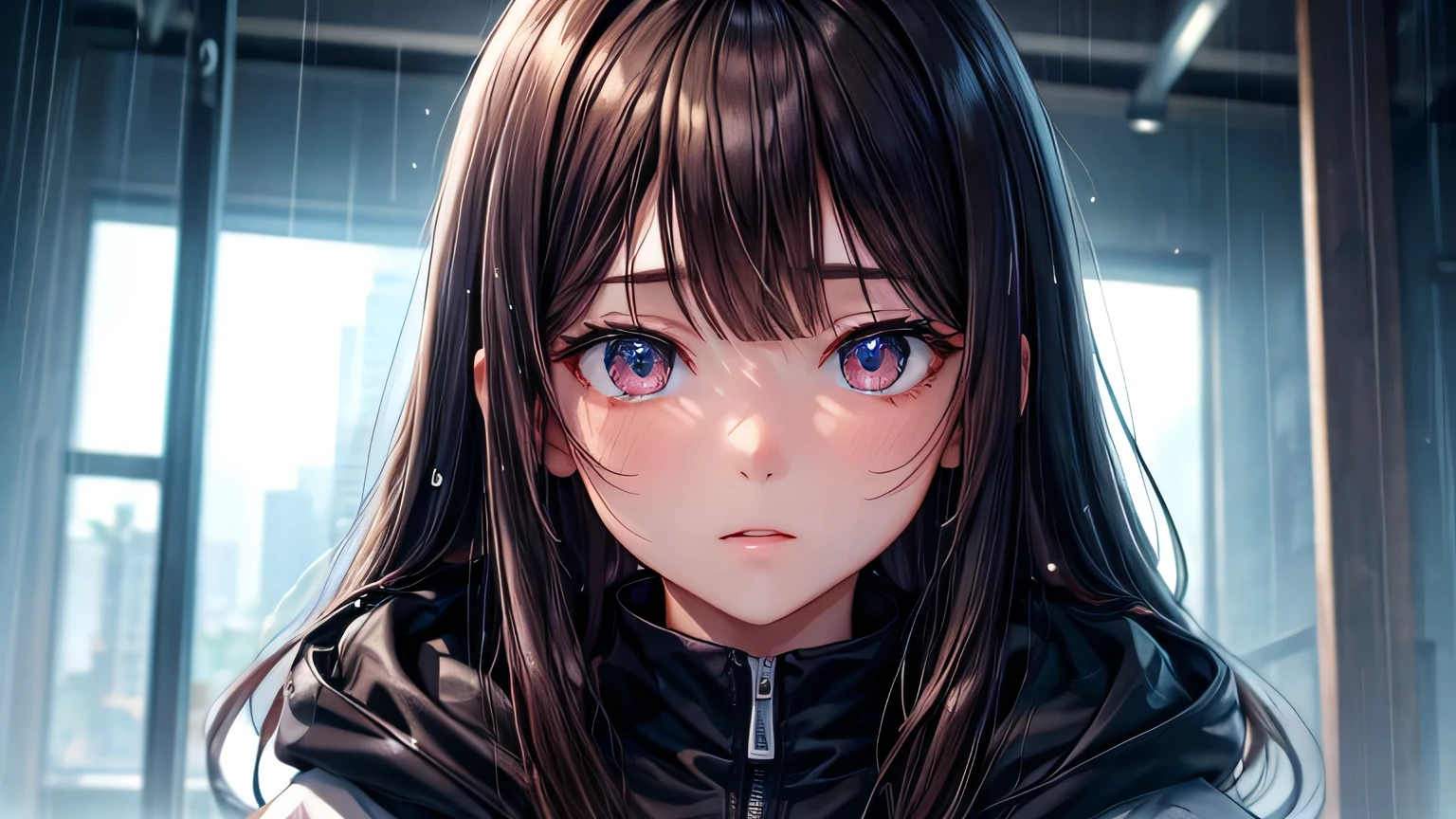 Beautiful woman 1.3, Beautiful brown hair: 1.2, , Rainy Town: 1.2,City of night,In town: 1.1, Ultra-high resolution, Accurate, Super detailed, Textured skin, High detail, highest quality, 8k,Thin bangs,Upper Body,Well-drawn eyes, Focus on the face,Large plain hoodie,Detailed hair depiction,Detailed depiction of eyes、Detailed depiction of hair、rain、rain grain、Neon Light、Wet ground、Upper Body、
