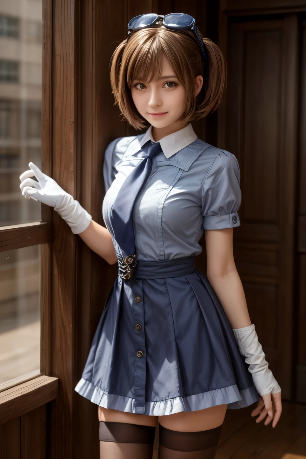 2d, masterpiece, best quality, anime, highly detailed face, highly detailed eyes, highly detailed background, perfect lighting, cowboy shot, 1girl, solo, aki rosenthal, collared dress, short dress, short sleeves, blue jacket, black thighhighs, detached hair, long hair, low twintails, bob cut, necktie, headgear, white gloves, elbow gloves, wide hips, smile, standing, spacecraft interior 