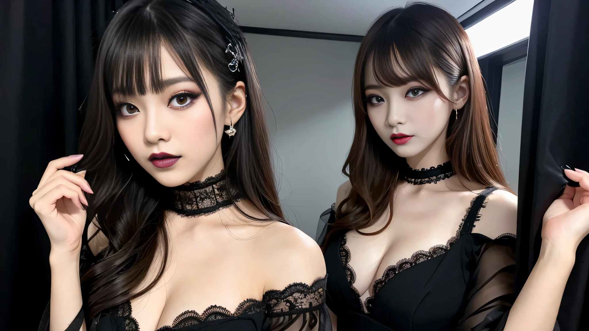 best quality、ultra-detailed、8k、Japanese、Japanese、Seductive beauty、seductive adult woman、Pretty Woman、cool girl、Villainess、brainwash makeup、Brainwashed、brainwash、Fallen into evil、smirk、Evil look、Wicked Smile、evil、Brown hair、wavy hair、swept bangs、dark makeup、dark makeup、piercing eyes、hollow eyes,half-closed eyes、Hollow Eyes、purple Eyeshadow、black lipstick、black lipglos、Lace fabric、black party dress、Wide sleeves、flare skirt、night、inside darkroom、Are standing、Look、Offer、shoot from below、Make up、Hold a small makeup brush、Swear allegiance、I have pledged my allegiance、Seduce、Evil female executive、Female Combatant